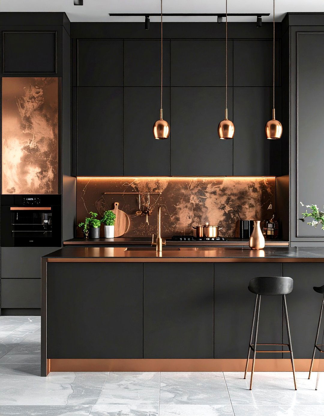 Textured Black Walls with Copper Details - 24 black and copper kitchen ideas