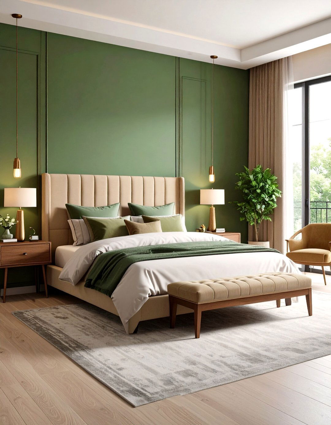 Textured Green and Beige Feature Wall - 24 Green and Beige Bedroom Ideas