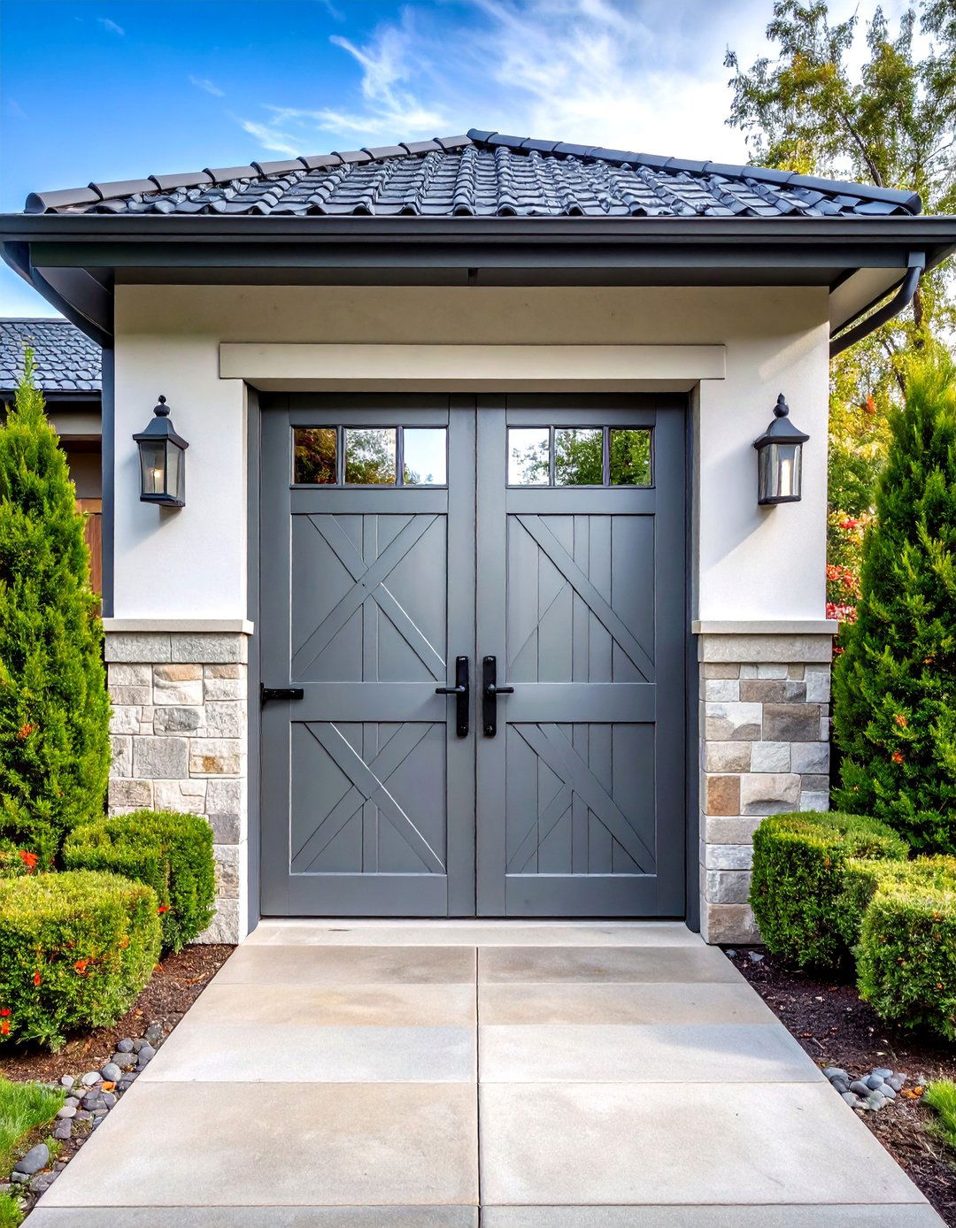 Textured Steel Gray Door with Barn Door Hardware - 24 Dark Gray Front Door Ideas