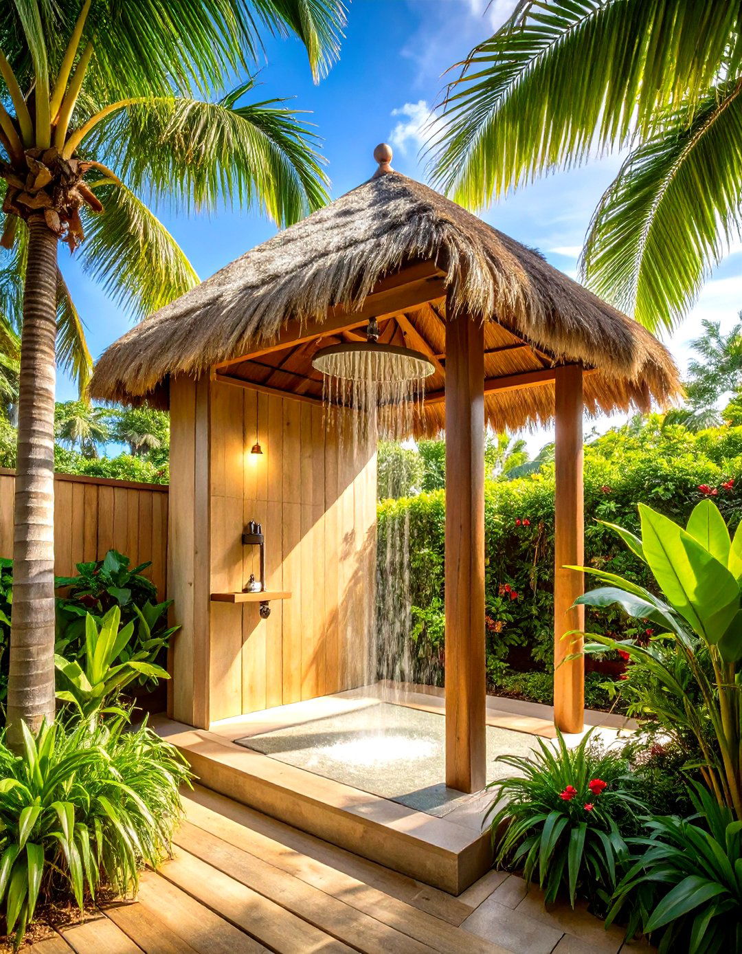 Thatched Roof Tropical Shower - 24 Rustic Outdoor Bathroom Ideas