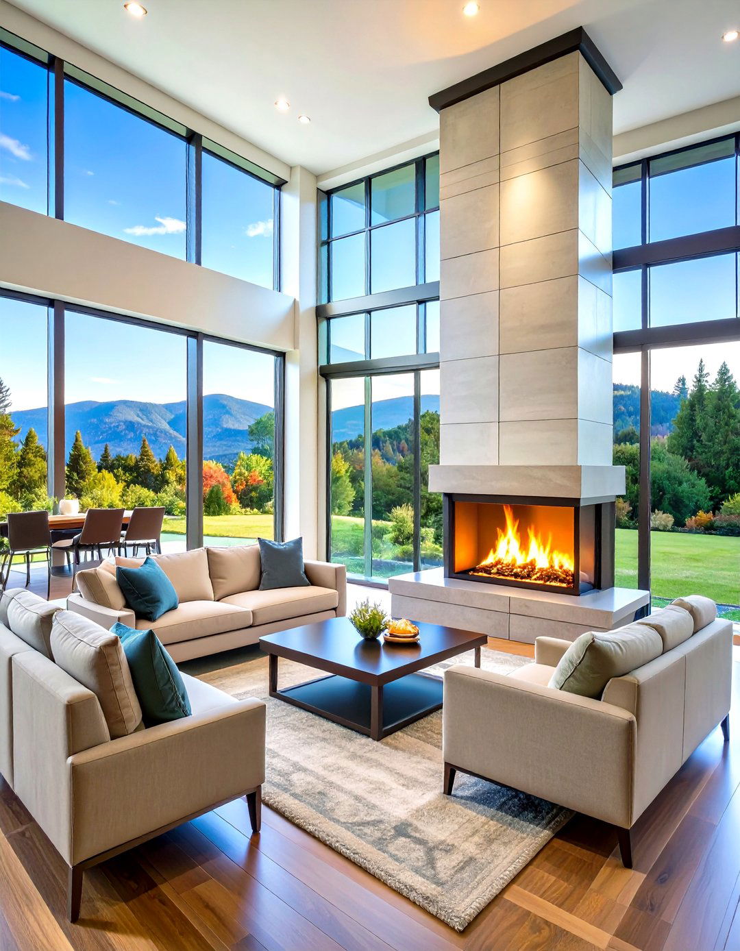 Three Sided Contemporary Floor to Ceiling Design - 24 Floor to Ceiling Fireplace Ideas