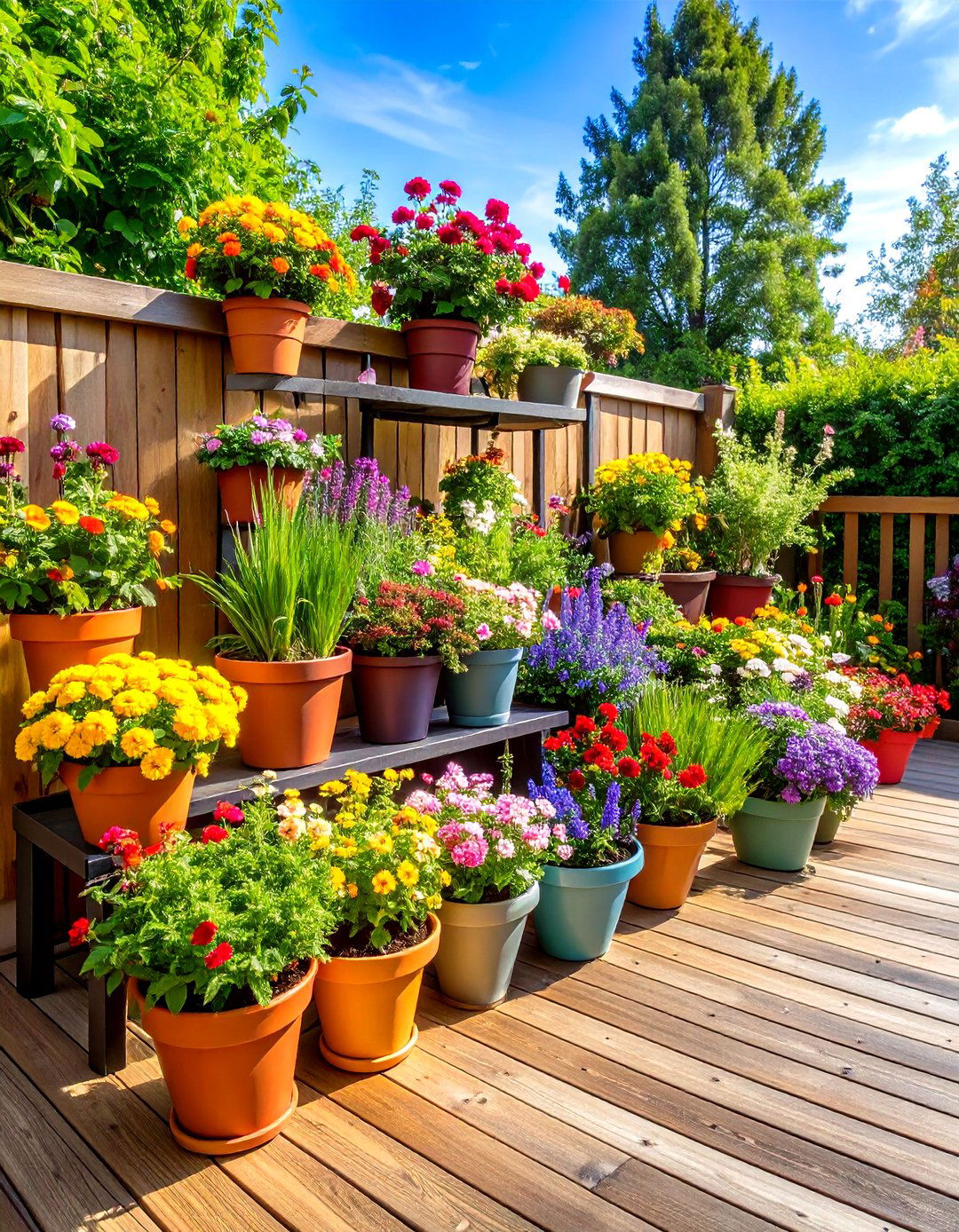 Tiered Container Garden Display - 24 Deck Decorating Ideas With Plant