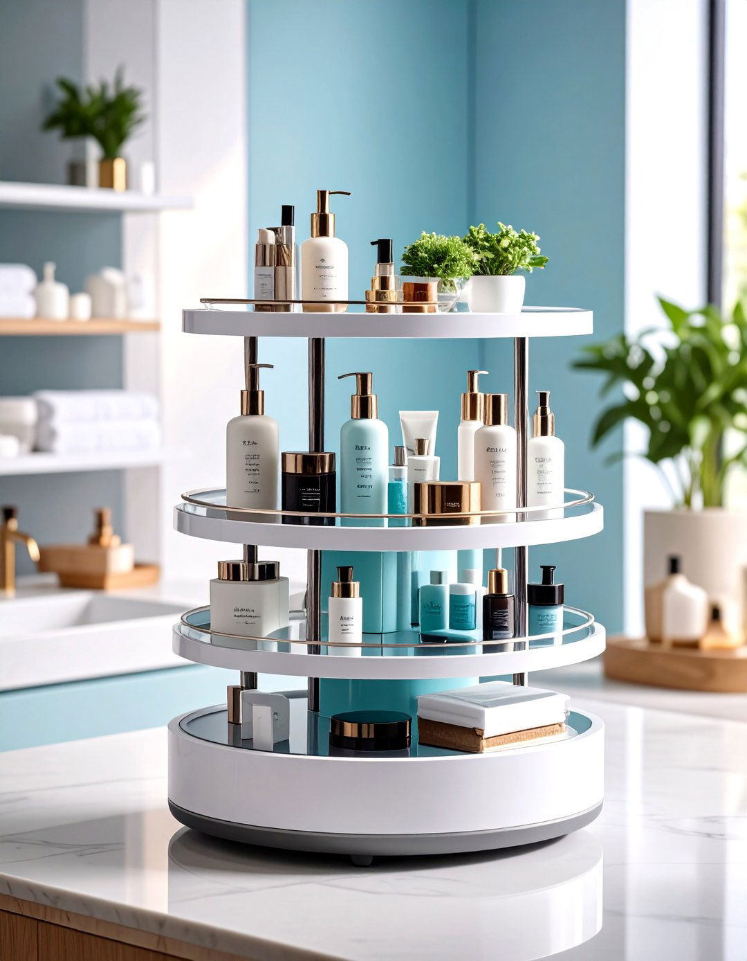 Tiered Countertop Organizer with Rotating Base - 24 Bathroom Organization Ideas