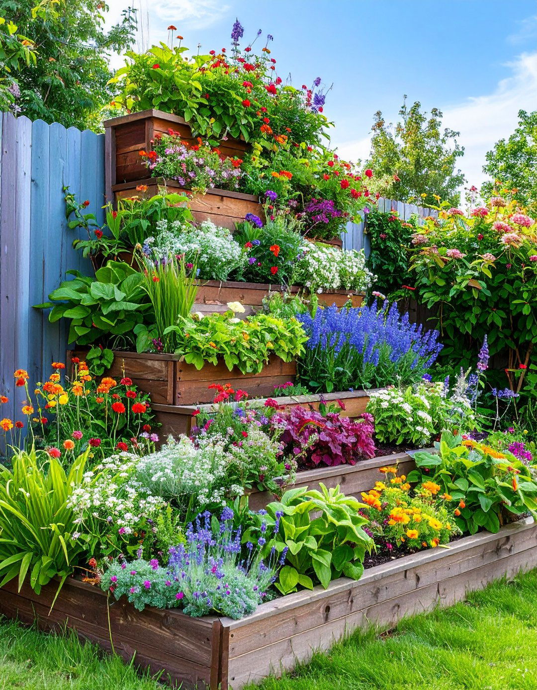 Tiered Raised Bed with Cascading Plant Design - 24 Raised Garden Bed Along Fence Ideas