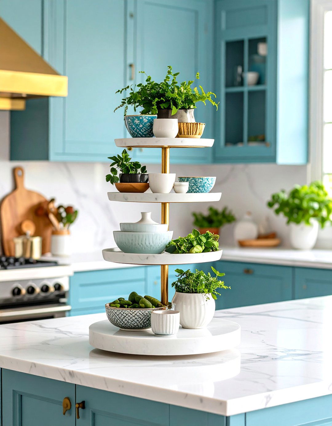 Tiered Serving Stand with Decorative Objects - 24 Kitchen Island Centerpiece Ideas