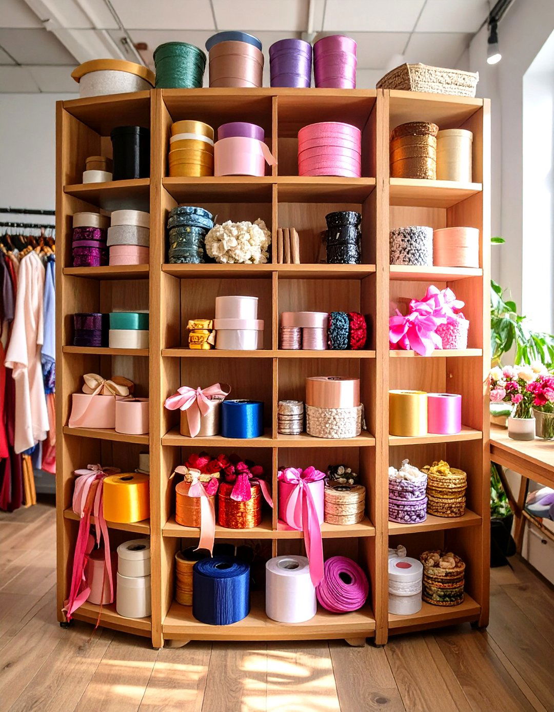 Tiered Shelf Ribbon Tower Display - 24 Ribbon Storage Ideas