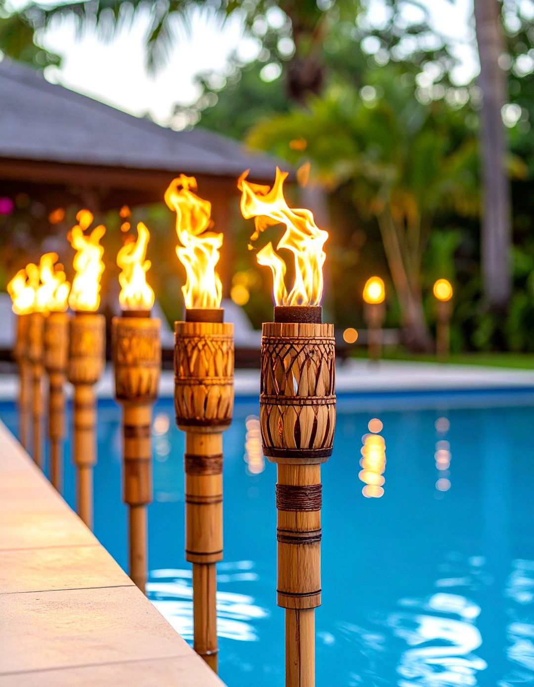 Tiki Torch Pool Perimeter Lighting - 24 Pool Lighting Ideas