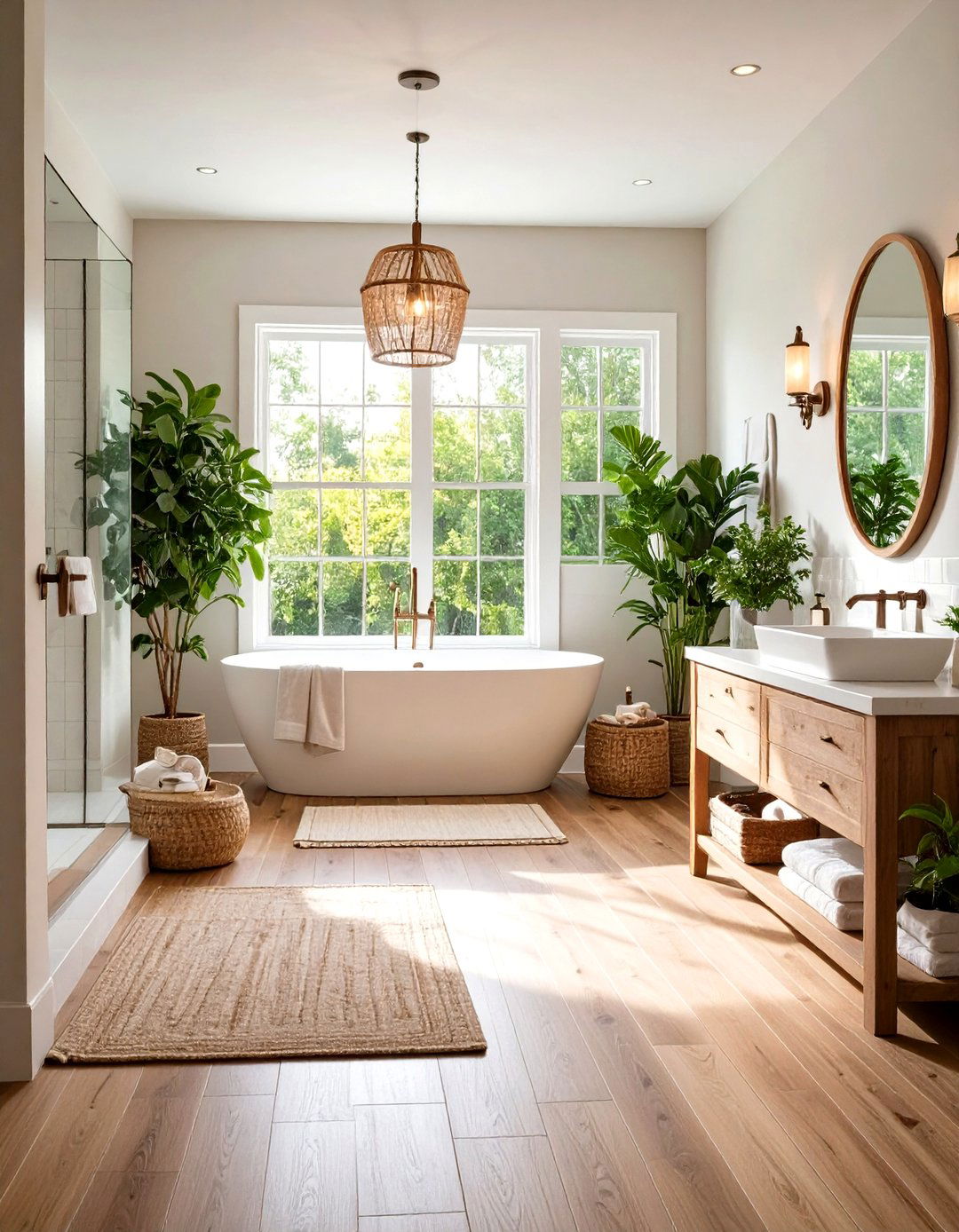 Tile and Wood Floor Combination Modern Farmhouse Bathroom