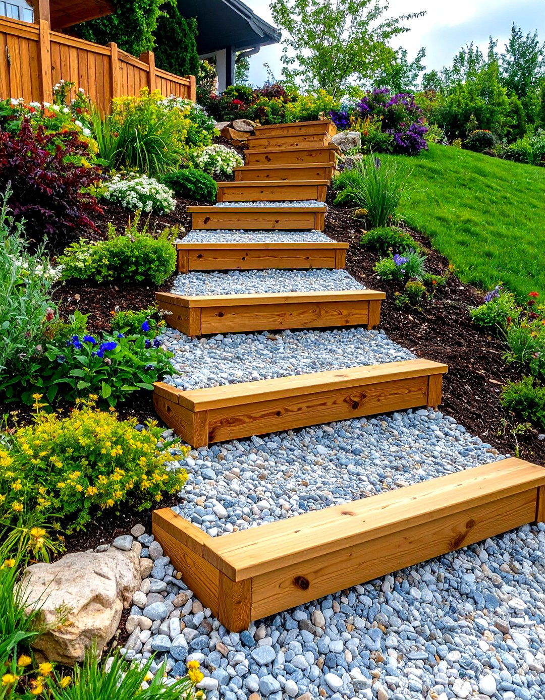Timber Frame Gravel Steps - 24 Sloped Walkway Ideas