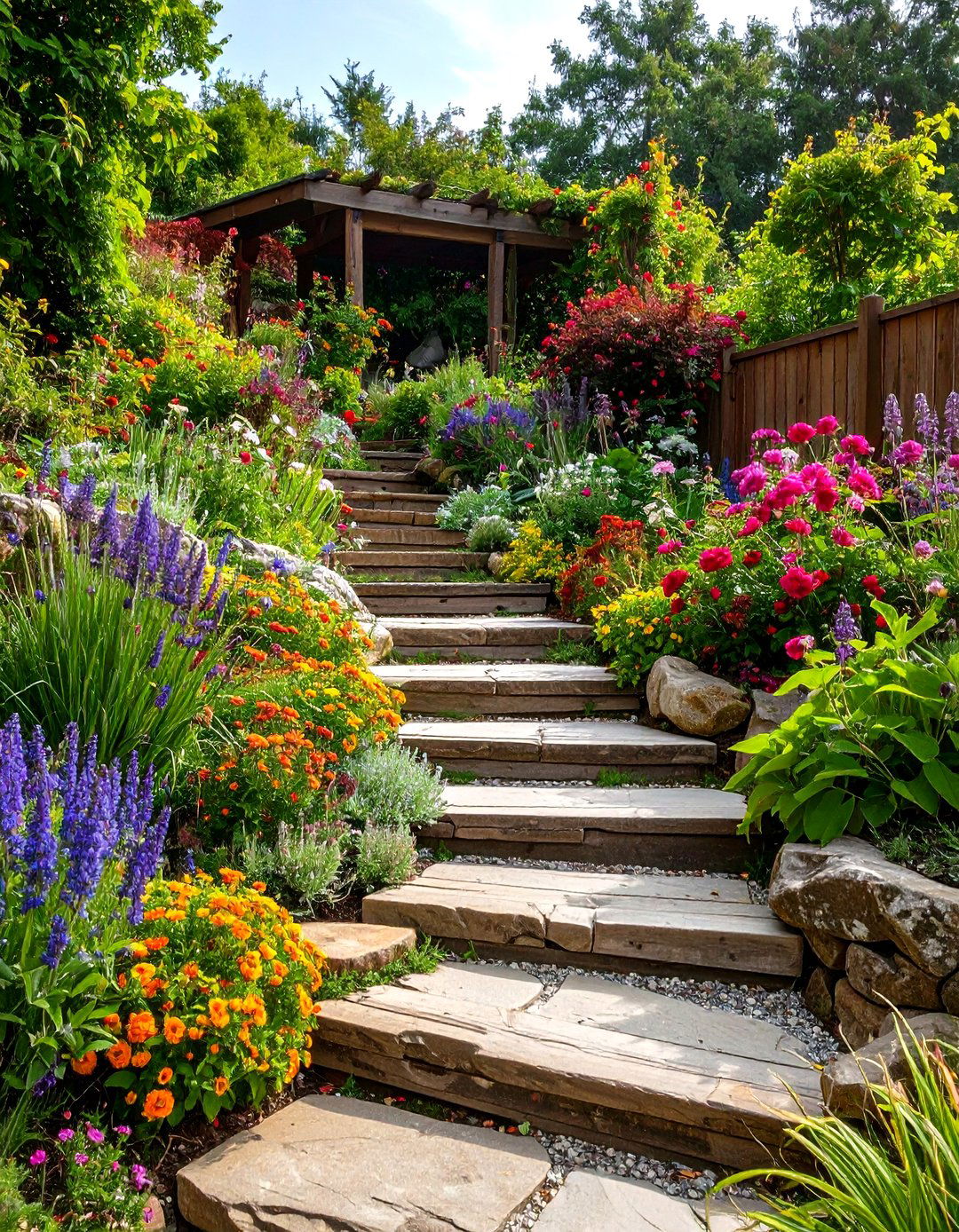 Timber Sleeper Cottage Garden Terraces - 24 Hillside Terraced Garden Ideas