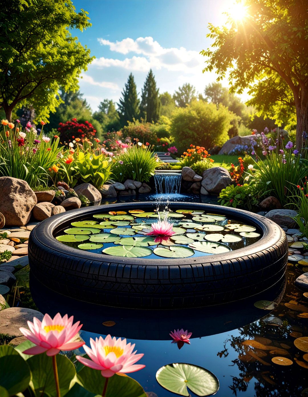 Tire Pond Water Features - 24 Recycled Tyre Garden Art Ideas