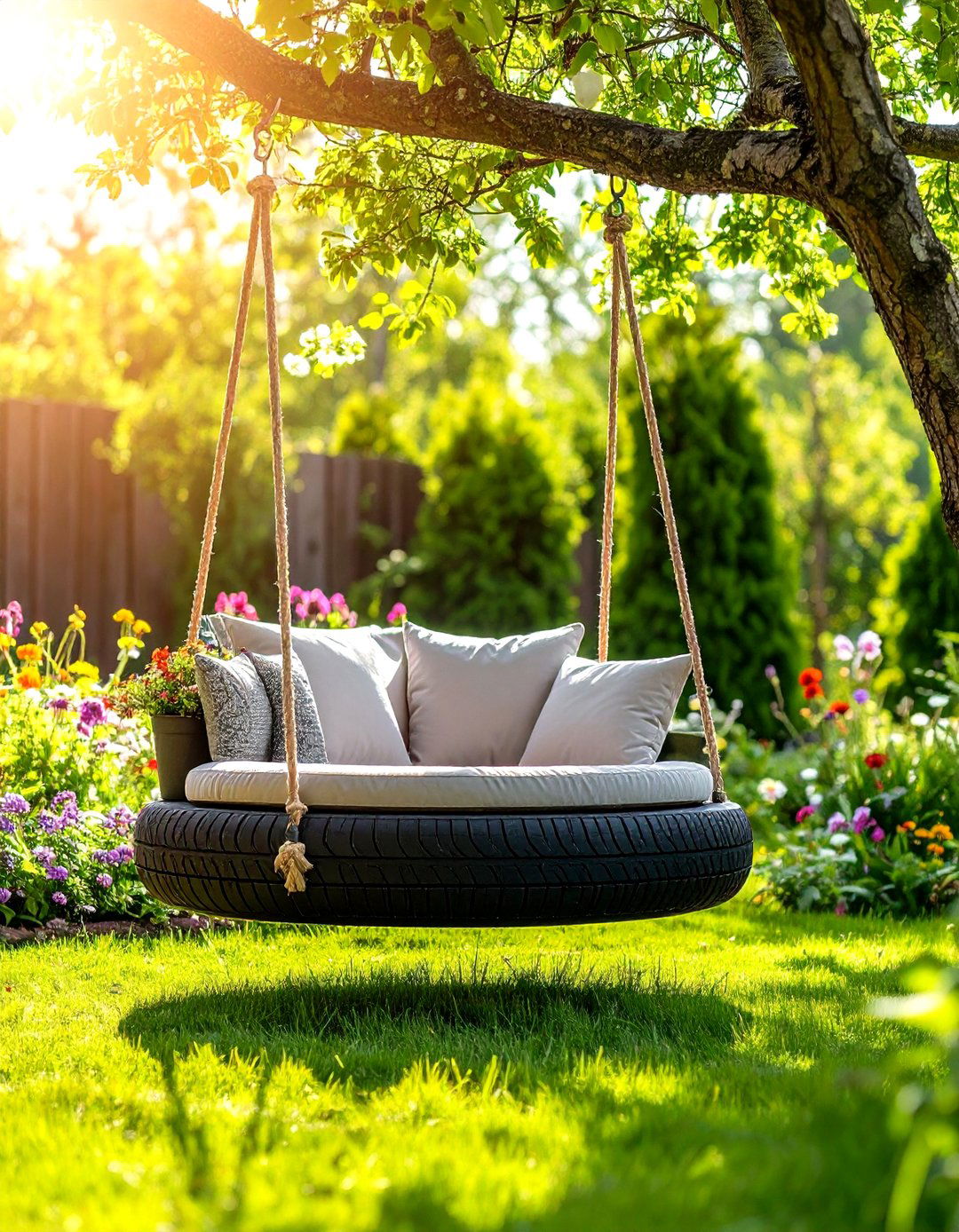 Tire Swing with Wooden Platform Insert - 24 Tire Swing Ideas