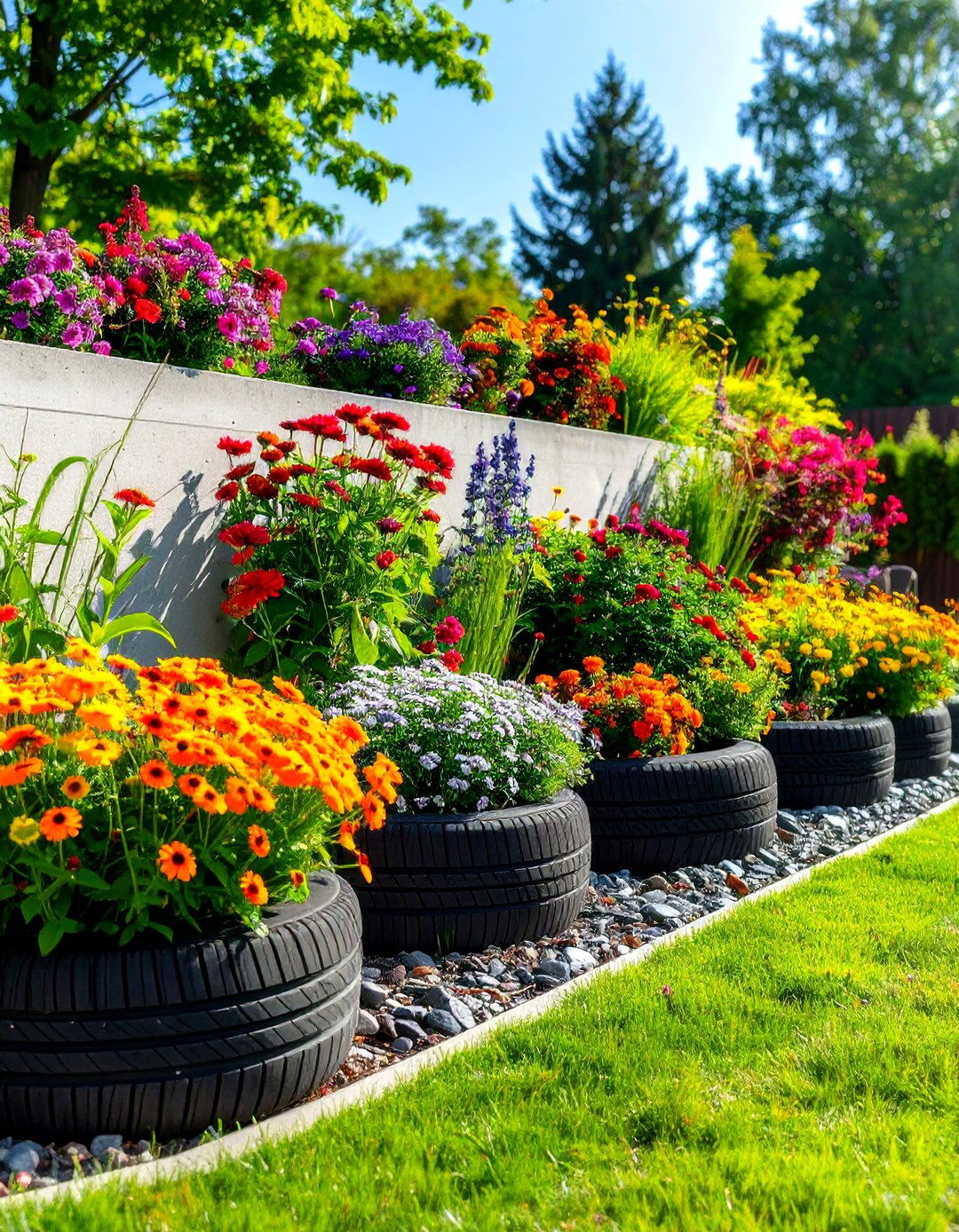 Tire and Concrete Hybrid Retaining Wall - 24 Inexpensive Retaining Wall Ideas