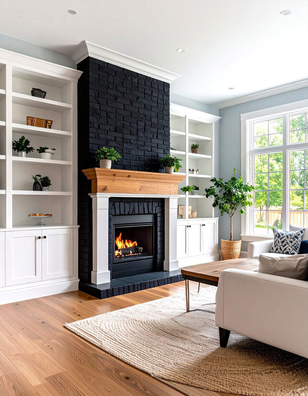 Traditional Black Brick Fireplace with Built in Shelving - 24 Black Brick Fireplace Ideas
