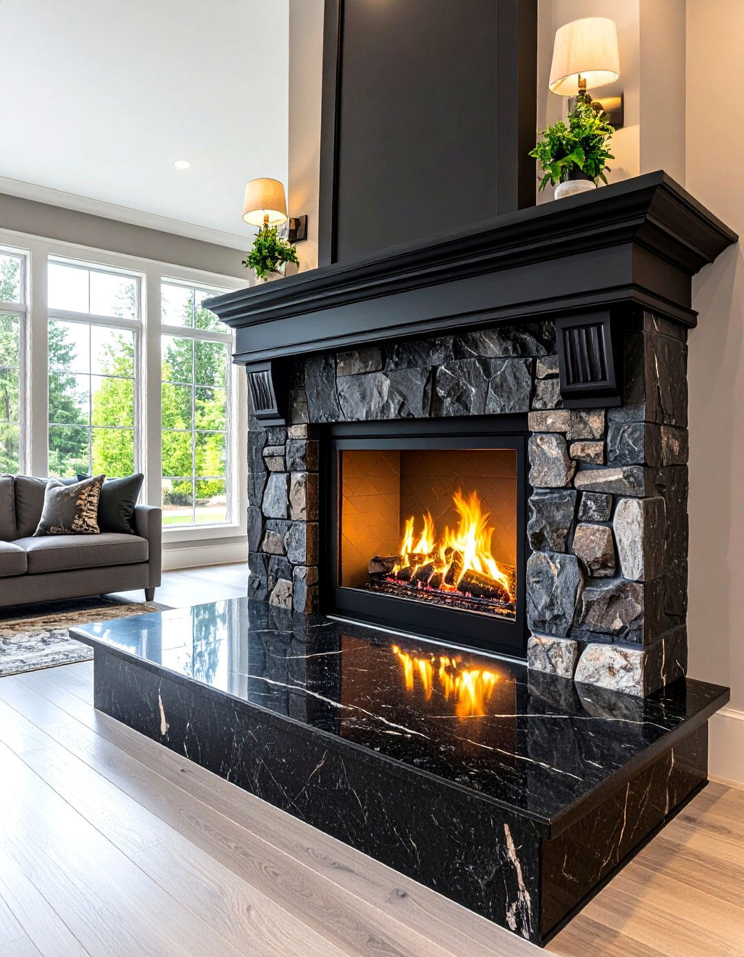 Traditional Black Granite Fireplace Hearth - 24 Black Fireplace Ideas