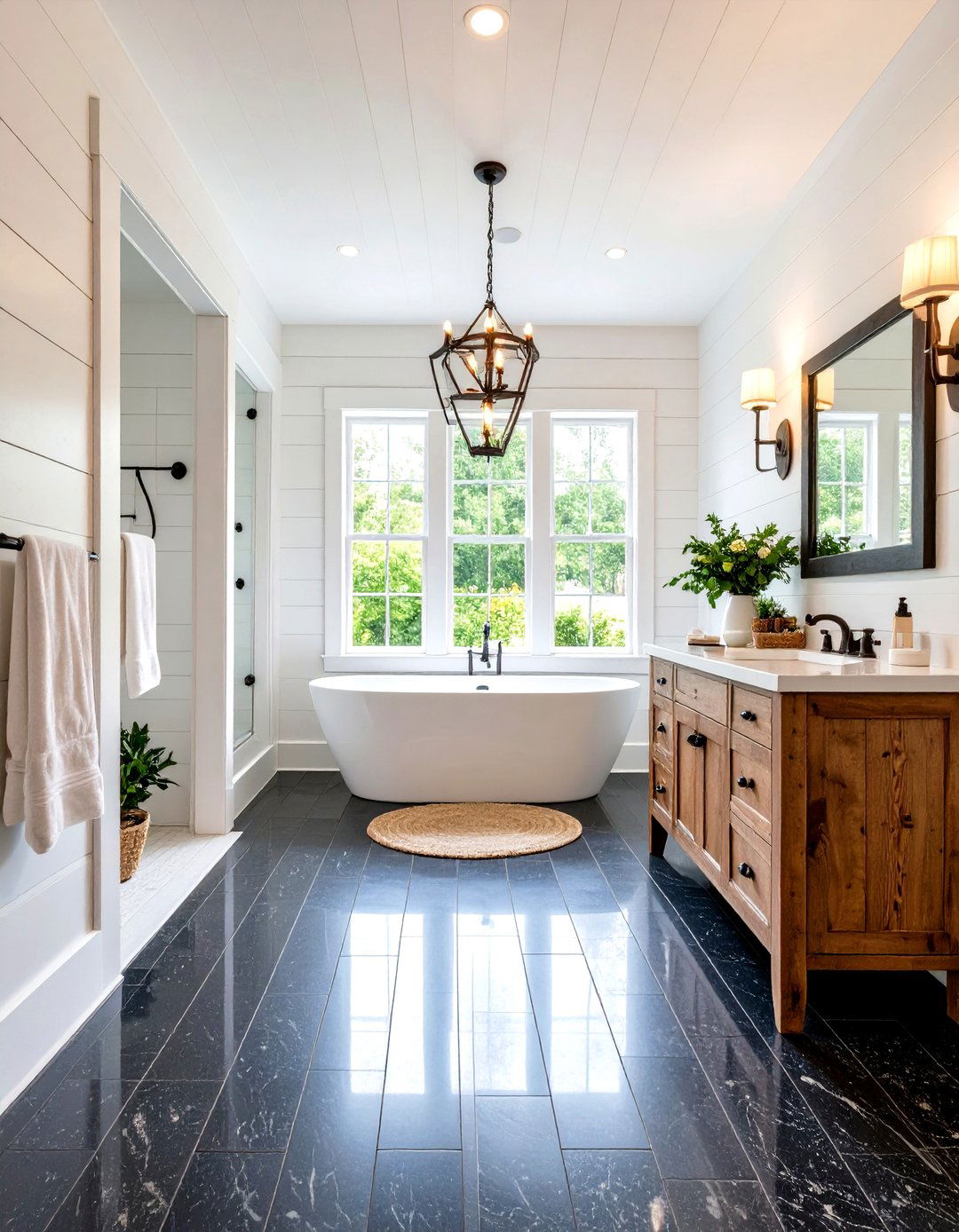 Traditional Black Granite Floor with White Shiplap Walls - 24 Black Floor Bathroom With White Walls Ideas