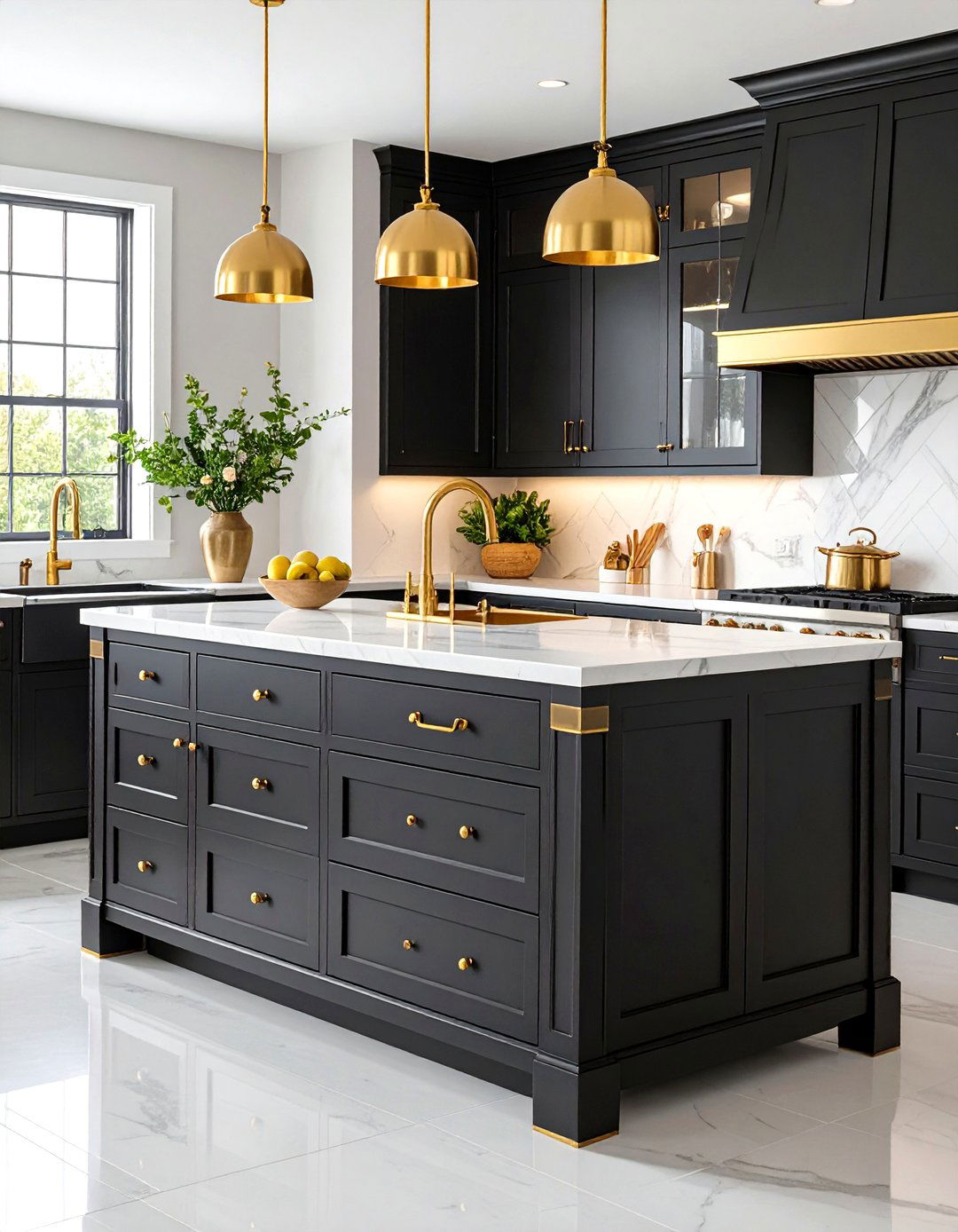 Traditional Black Kitchen Dresser with Gold Hardware - 24 Black and Gold Kitchen Ideas