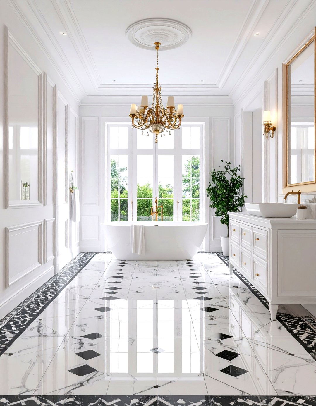 Traditional Black Marble Mosaic Floor with White Crown Molding Walls - 24 Black Floor Bathroom With White Walls Ideas