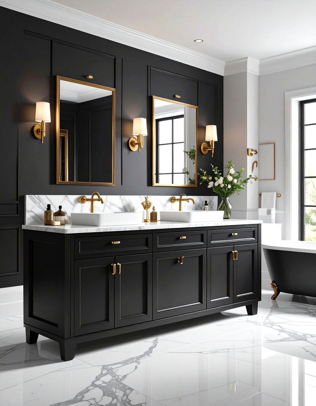 Traditional Black Vanity with Brass Hardware - 24 Black Vanity Bathroom Ideas