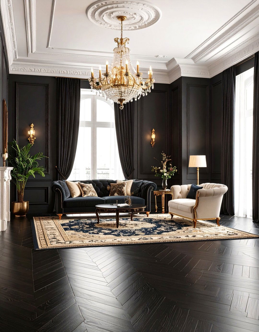 Traditional Black Wood with Persian Rugs - 24 Black Floor Living Room Ideas
