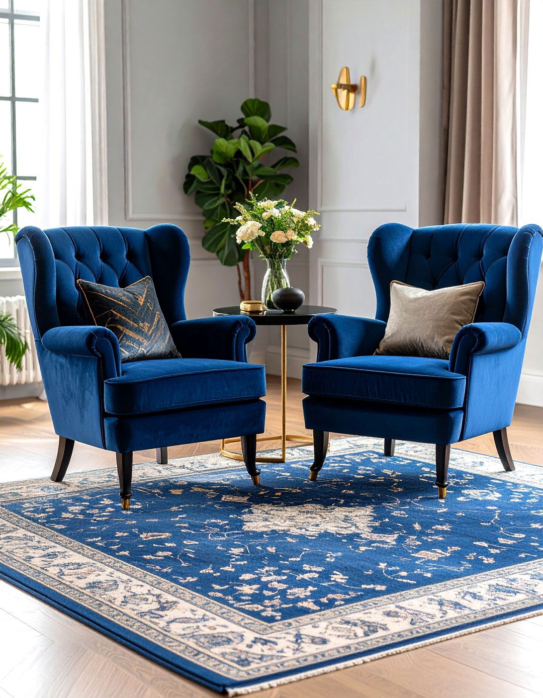 Traditional Blue Armchairs with Black Side Tables - 24 Black and Blue Living Room Ideas