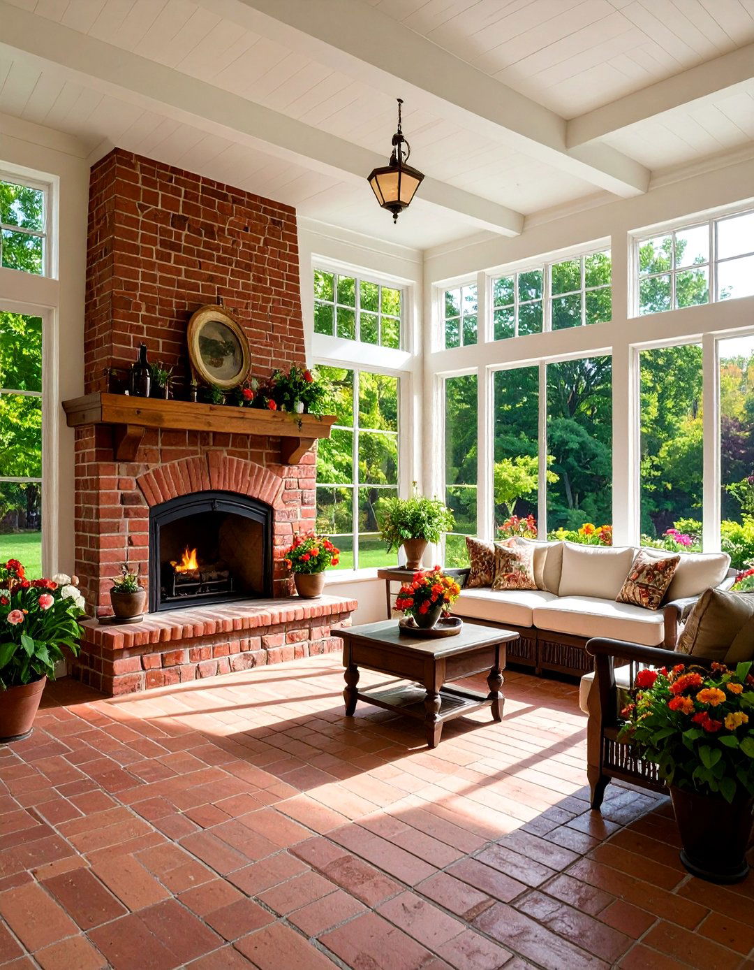 Traditional Brick Fireplace Sunroom - 24 Sunroom With Fireplace Ideas