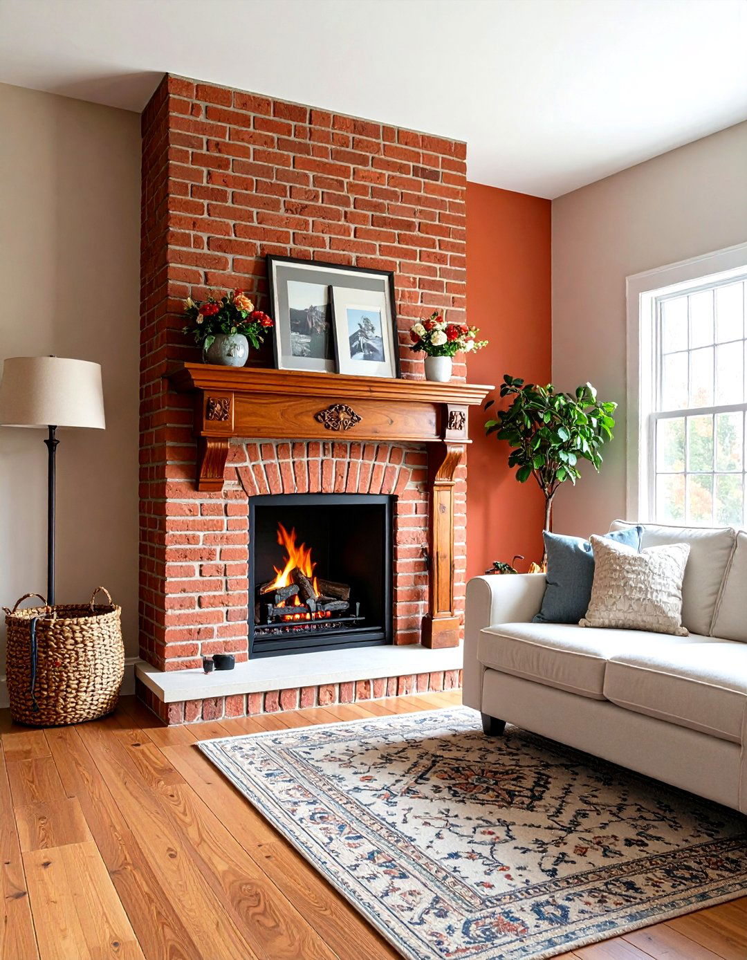Traditional Brick Fireplace with Classic Wooden Mantel - 24 Fireplace Ideas
