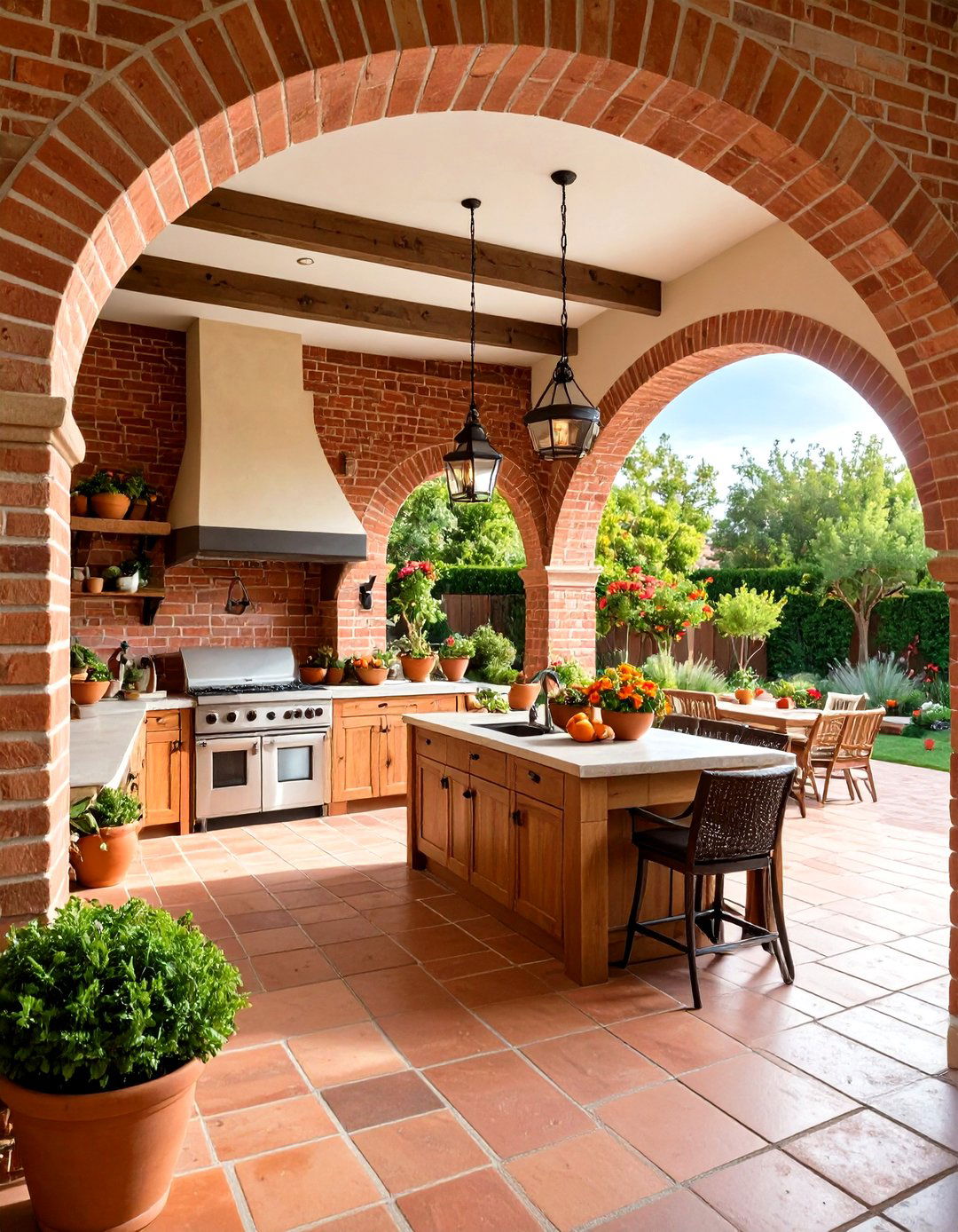 Traditional Brick Outdoor Kitchen with Archways - 24 Summer Kitchen Ideas