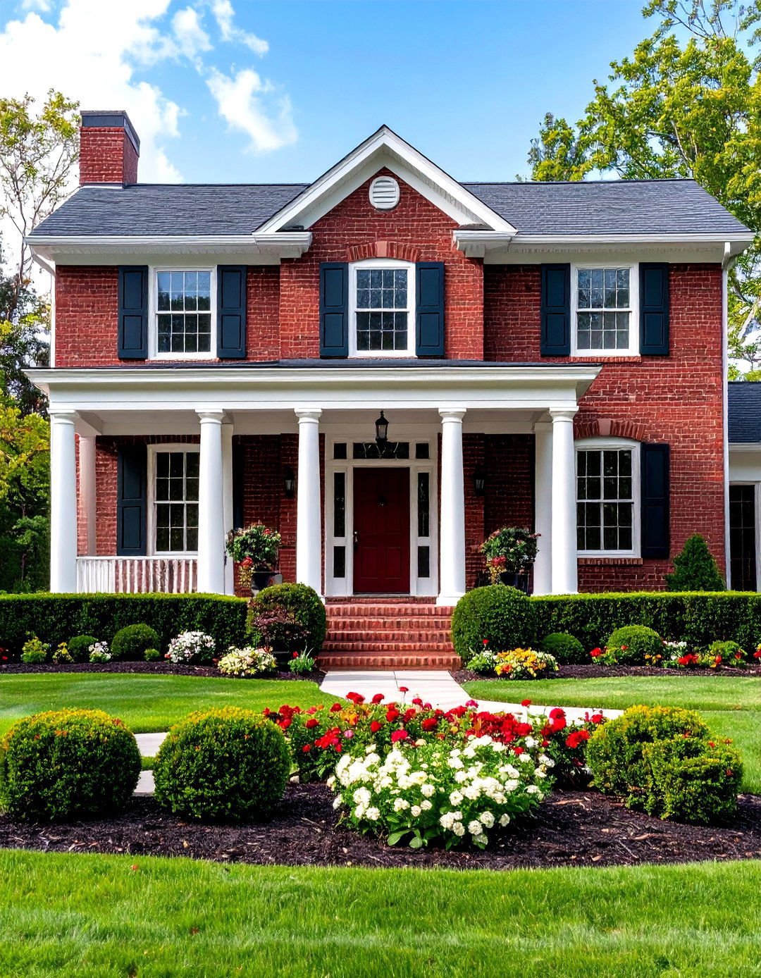 Traditional Brick Ranch with Formal Boxwood Landscaping - 24 Curb Appeal Inspiration for Ranch Homes