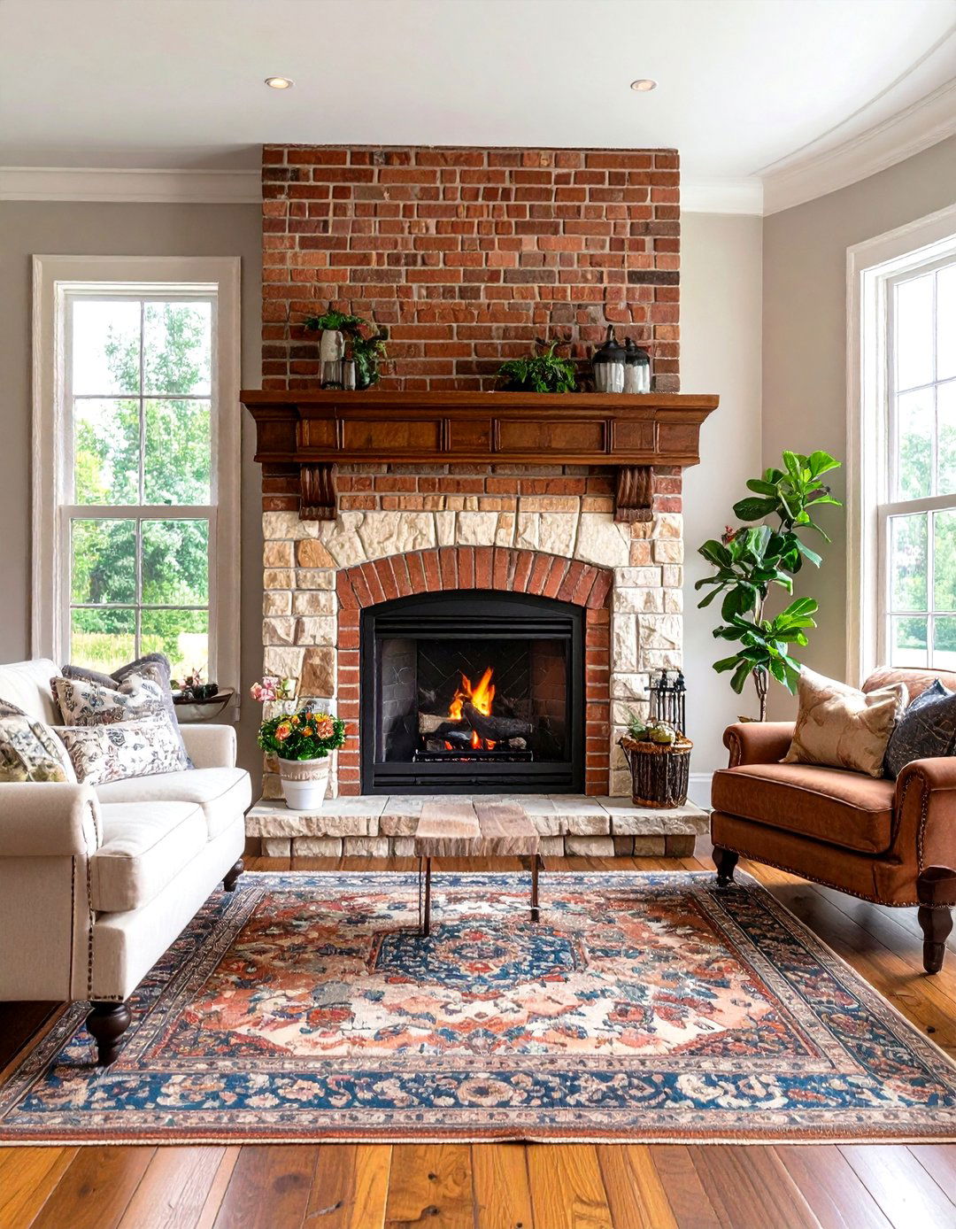 Traditional Brick and Stone Combination Fireplace - 24 Stone Fireplace Ideas