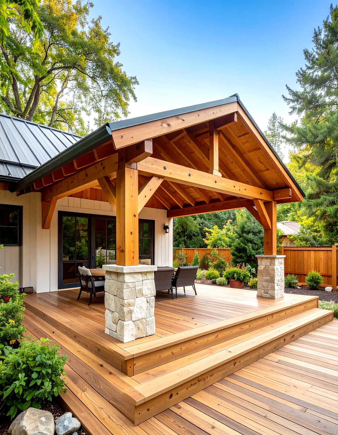 Traditional Cedar Beam Gable Patio - 24 Gable Patio Roof Design Ideas