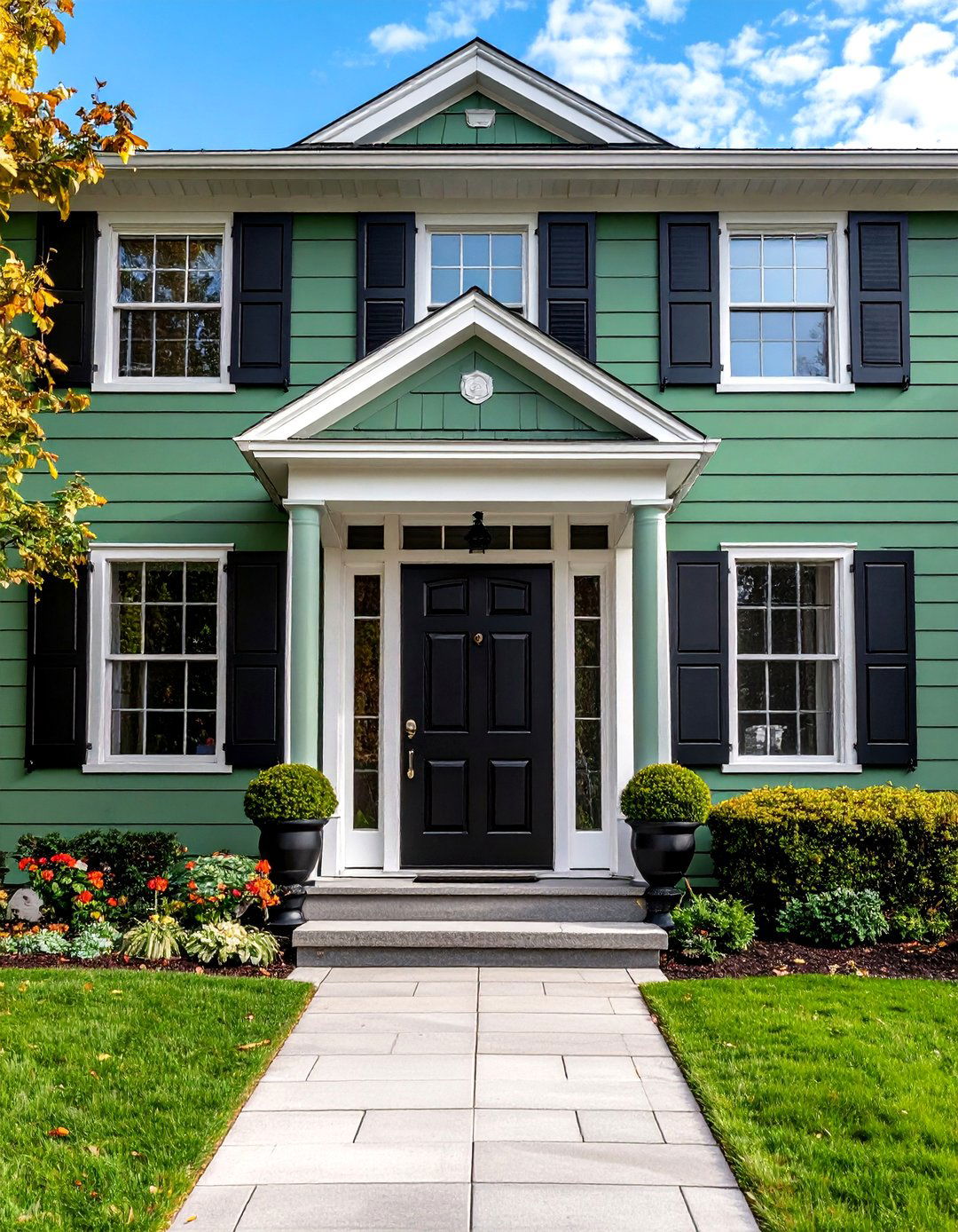 Traditional Colonial Sage Green House with Classic Black Door - 24 Sage Green House With Black Door