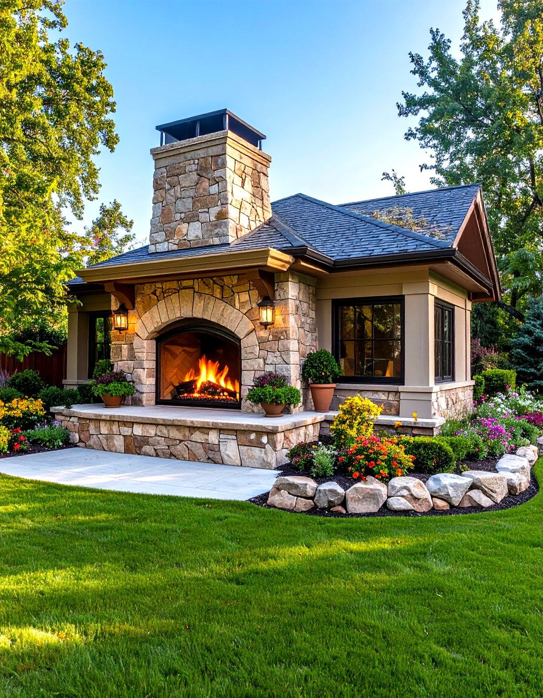 Traditional Corner Fireplace with Formal Gardens - 24 Outdoor Corner Fireplace Ideas