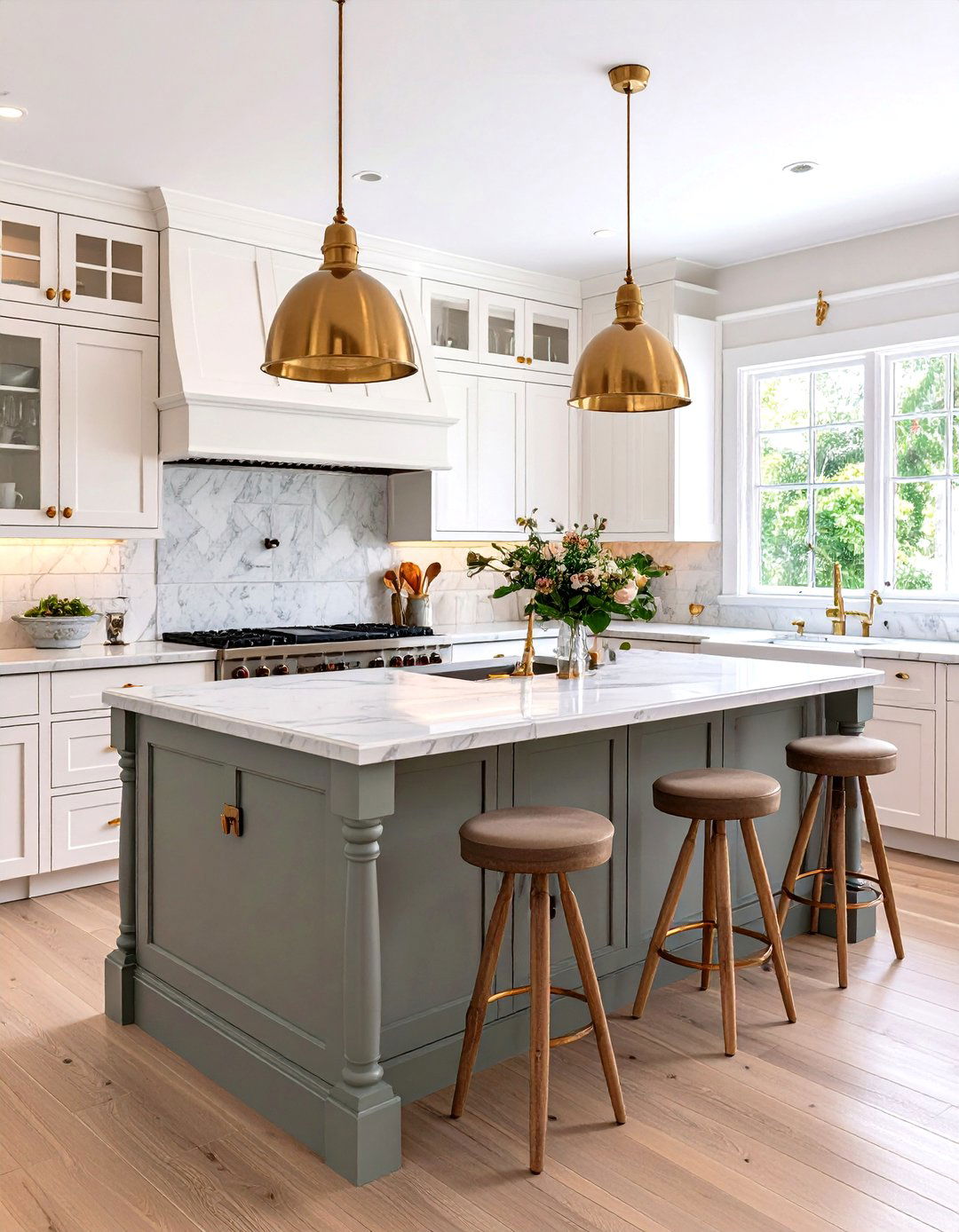 Traditional Cottage White Cabinets With Sage Grey Island - 24 White Kitchen Cabinets With Grey Island Ideas
