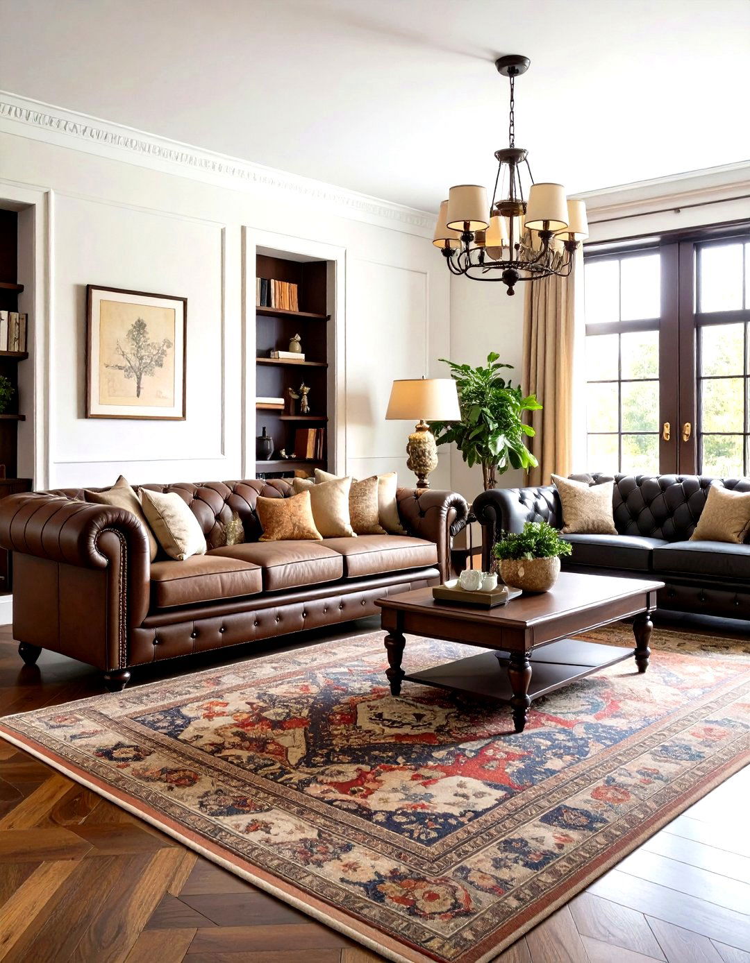 Traditional English Brown Tweed and Black Leather Club - 24 Black and Brown Living Room Ideas