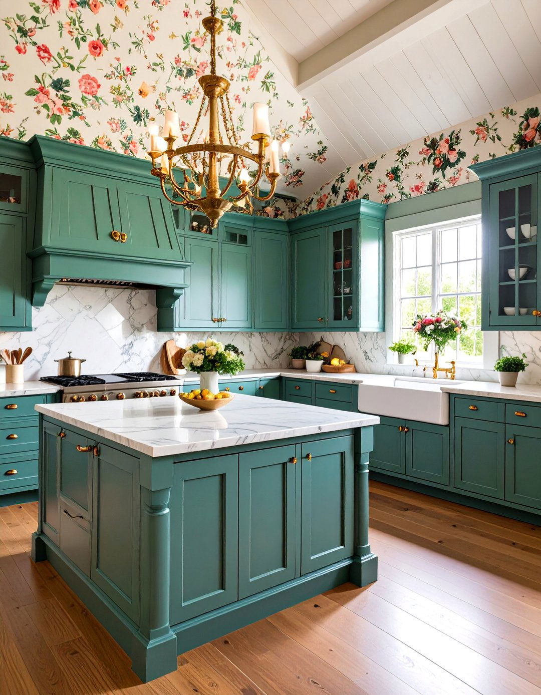 Traditional English Cottage Kitchen with Floral Wallpaper - 24 Sloped Ceiling Kitchen Ideas