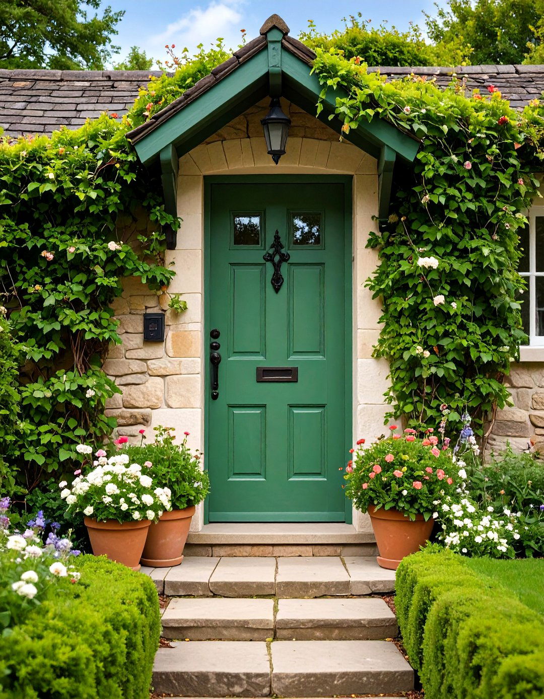 Traditional English Cottage Sage Green with Iron Hardware - 24 Dark Green Front Door Ideas