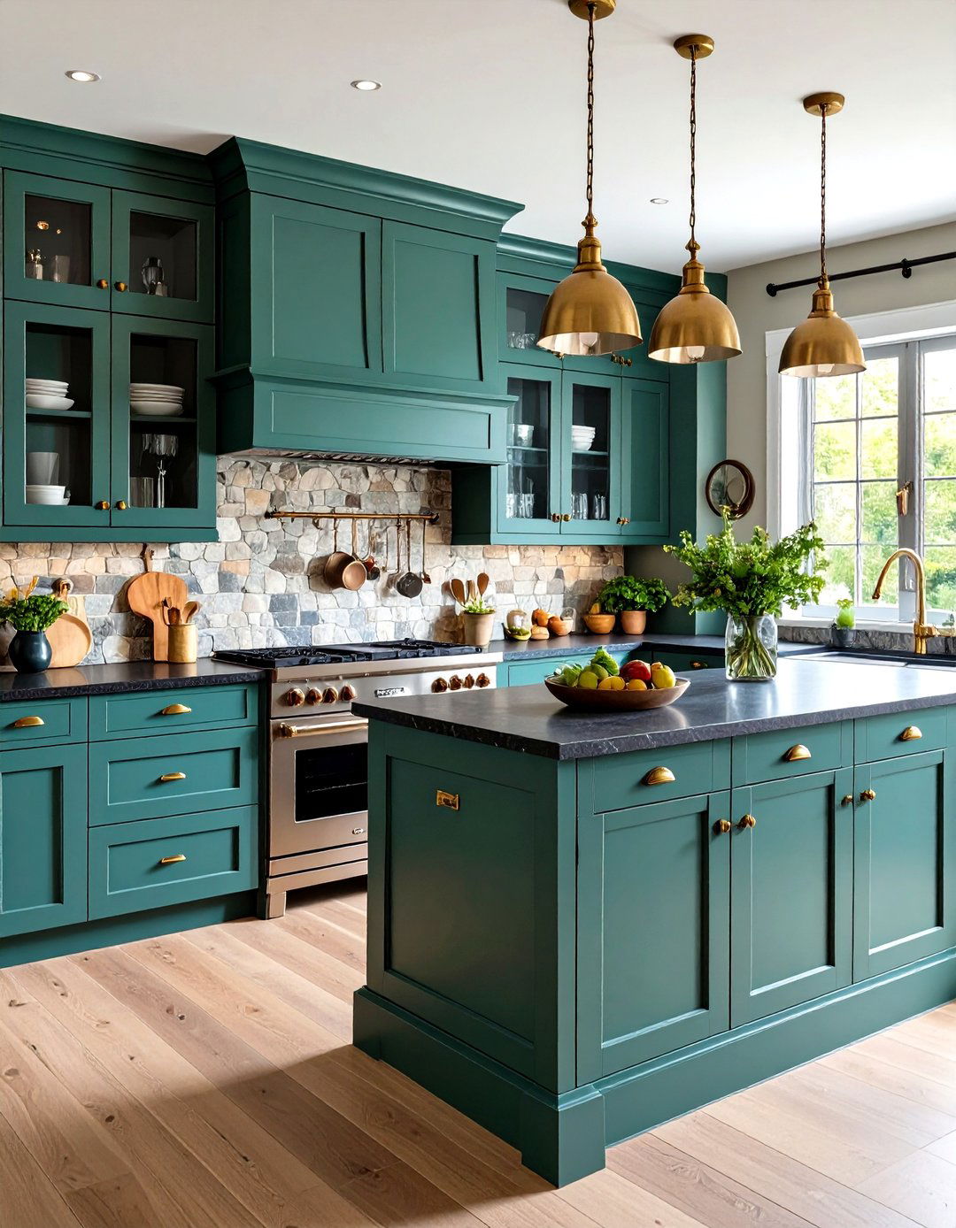 Traditional English Kitchen with Painted Green Cabinets and Dark Slate Countertops - 24 kitchen with dark countertops and light cabinets