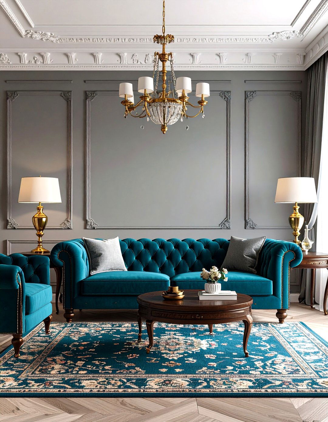 Traditional Grey and Teal Living Room with Crown Molding - 24 Teal and Grey Living Room Ideas