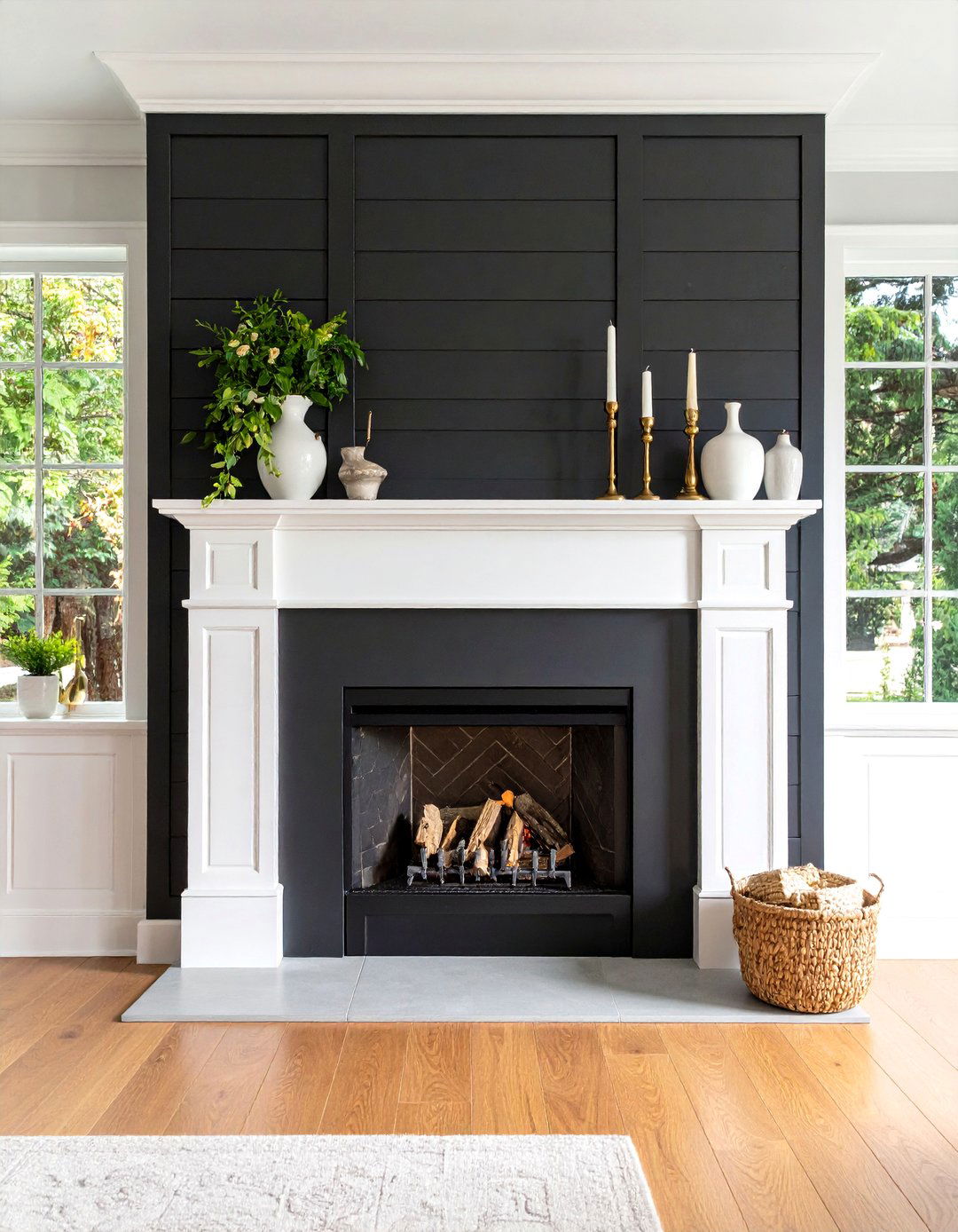 Traditional Horizontal Black Shiplap with White Trim - 24 Black Shiplap Fireplace Ideas