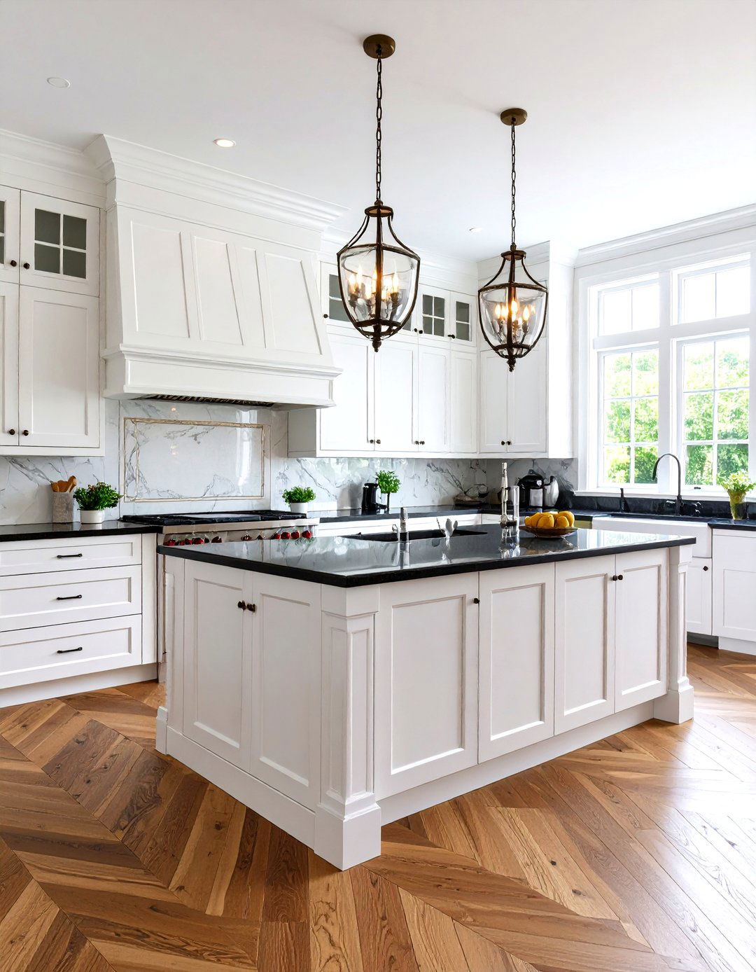 Traditional Kitchen with Crown Molding Details - 24 white kitchen with black countertops ideas