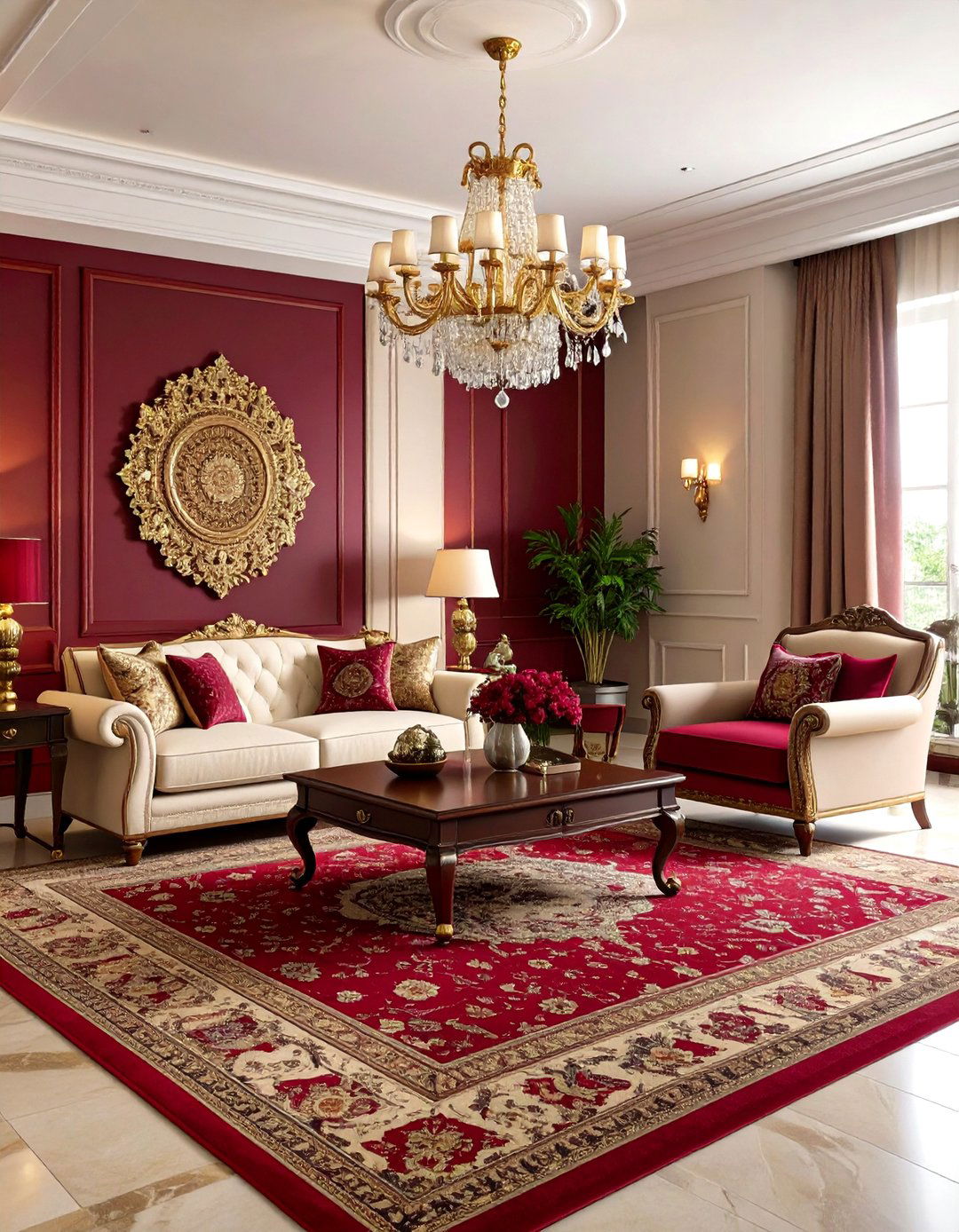 Traditional Living Room Burgundy and Cream - 24 Two Tone Wall Paint Ideas
