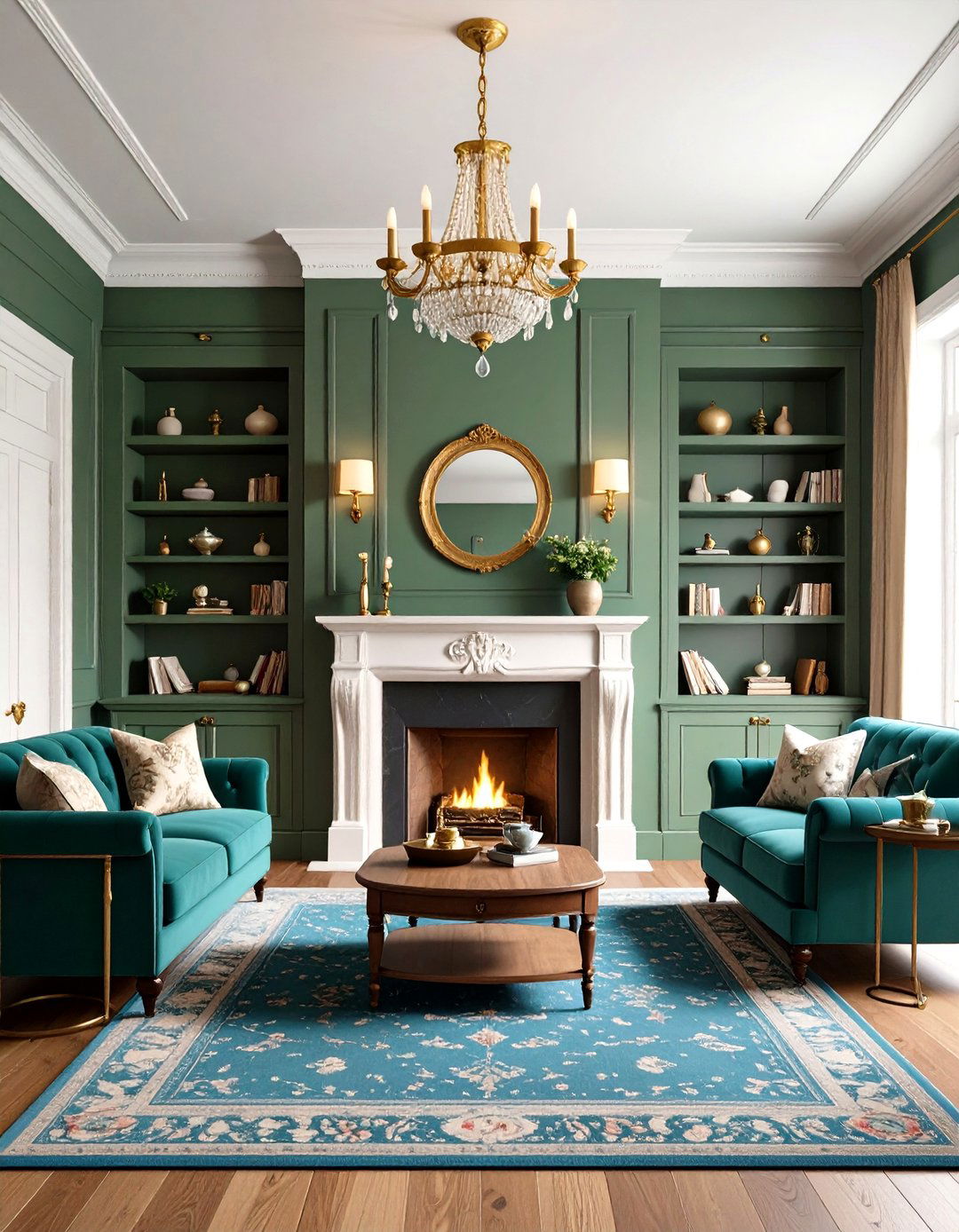 Traditional Living Room with Olive Green Built ins - 24 Olive Green Room Ideas