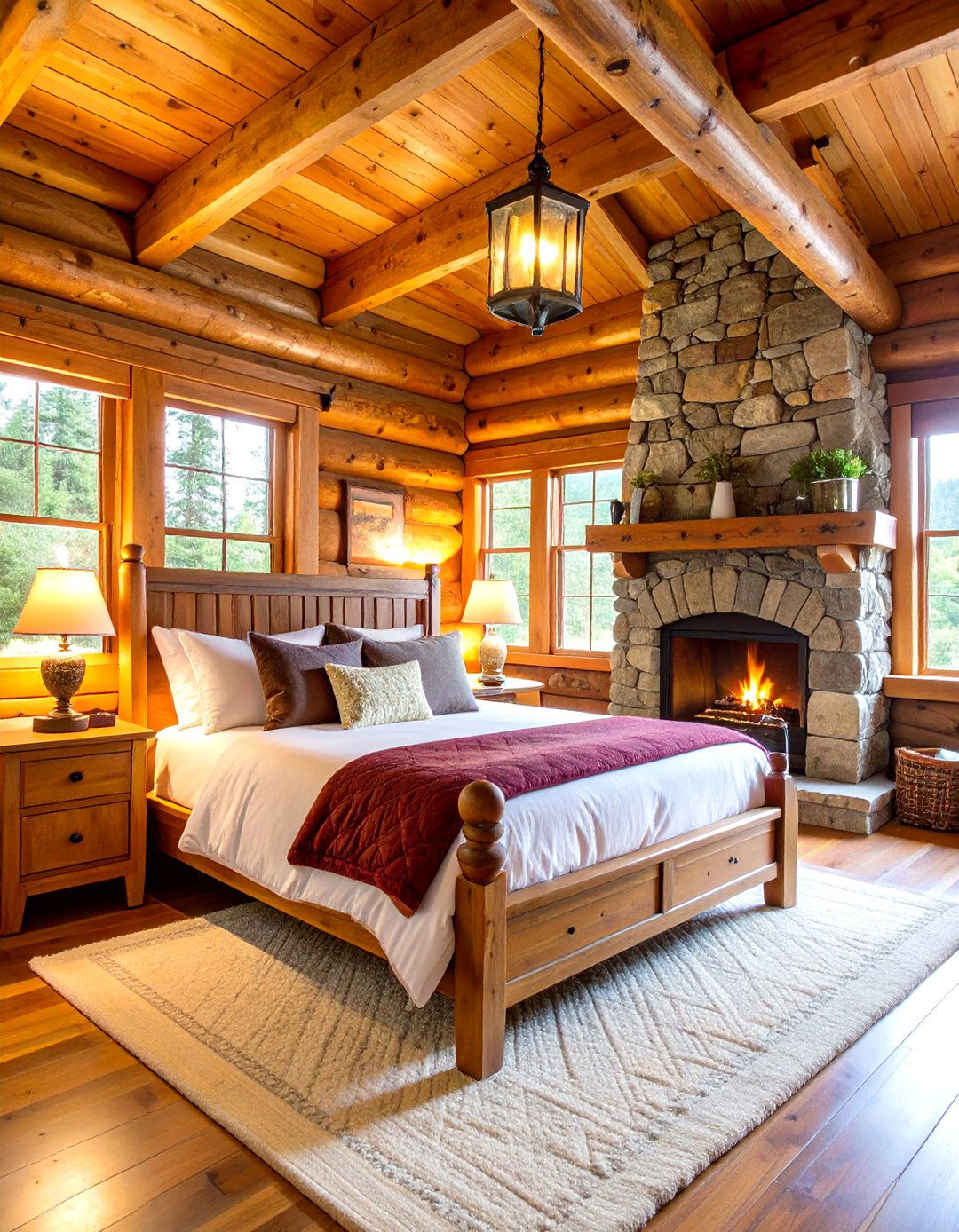 Traditional Log Cabin Bedroom with Stone Fireplace - 24 Cabin Bedroom Ideas