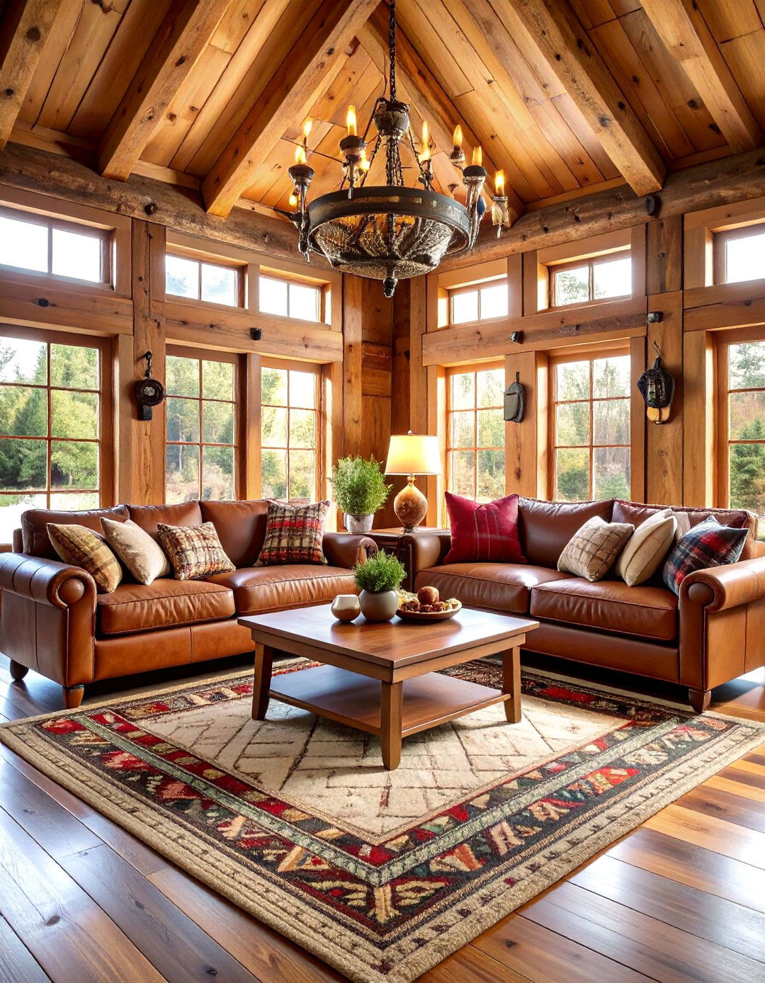 Traditional Log Cabin Plaid and Antler Design - 24 Cabin Living Room Ideas