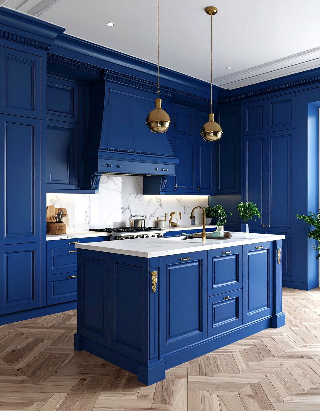 Traditional Navy Blue Kitchen with Crown Molding - 24 Navy Blue Kitchen Cabinets Ideas