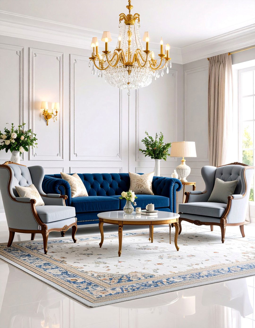 Traditional Navy Blue and Dove Grey Elegance - 24 Blue and Grey Living Room Ideas