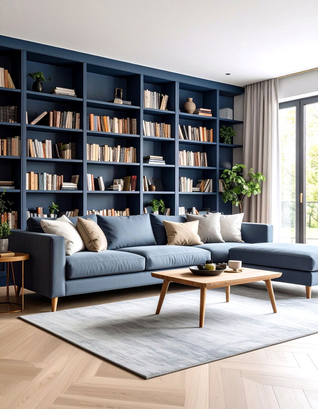 Traditional Navy Built ins with Grey Seating - 24 Navy Blue and Grey Living Room Ideas