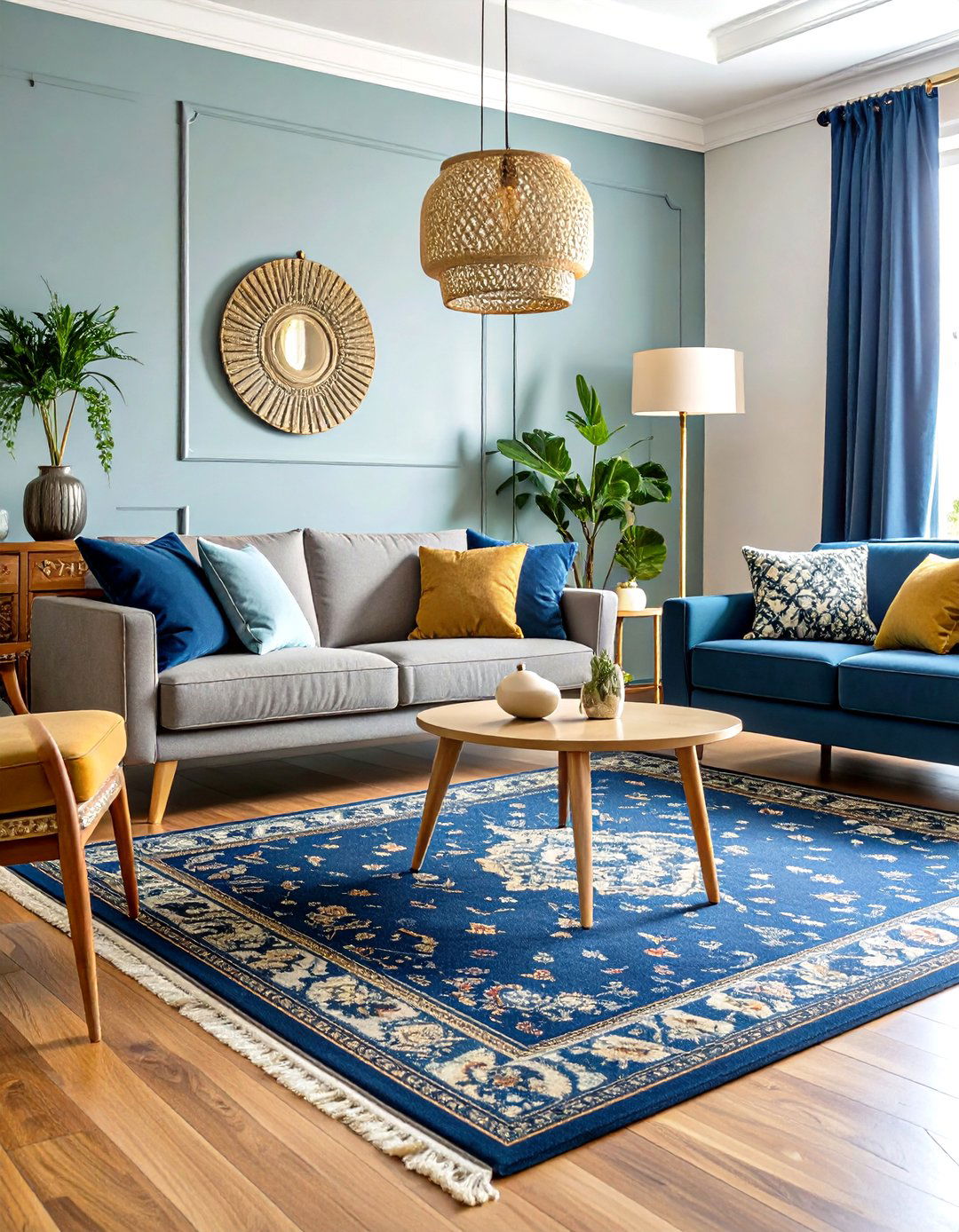Traditional Navy Persian Rug with Grey Upholstery - 24 Navy Blue and Grey Living Room Ideas