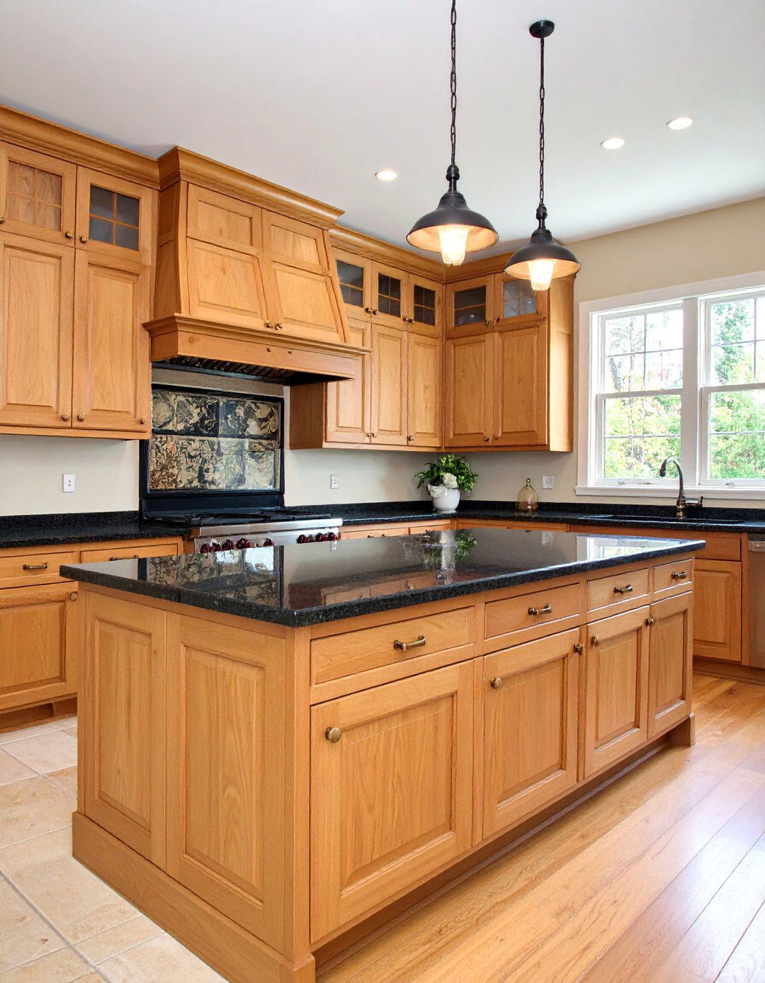 Traditional Oak Cabinets Enhanced by Black Granite Elegance - 24 Black Granite Countertops Kitchen Ideas